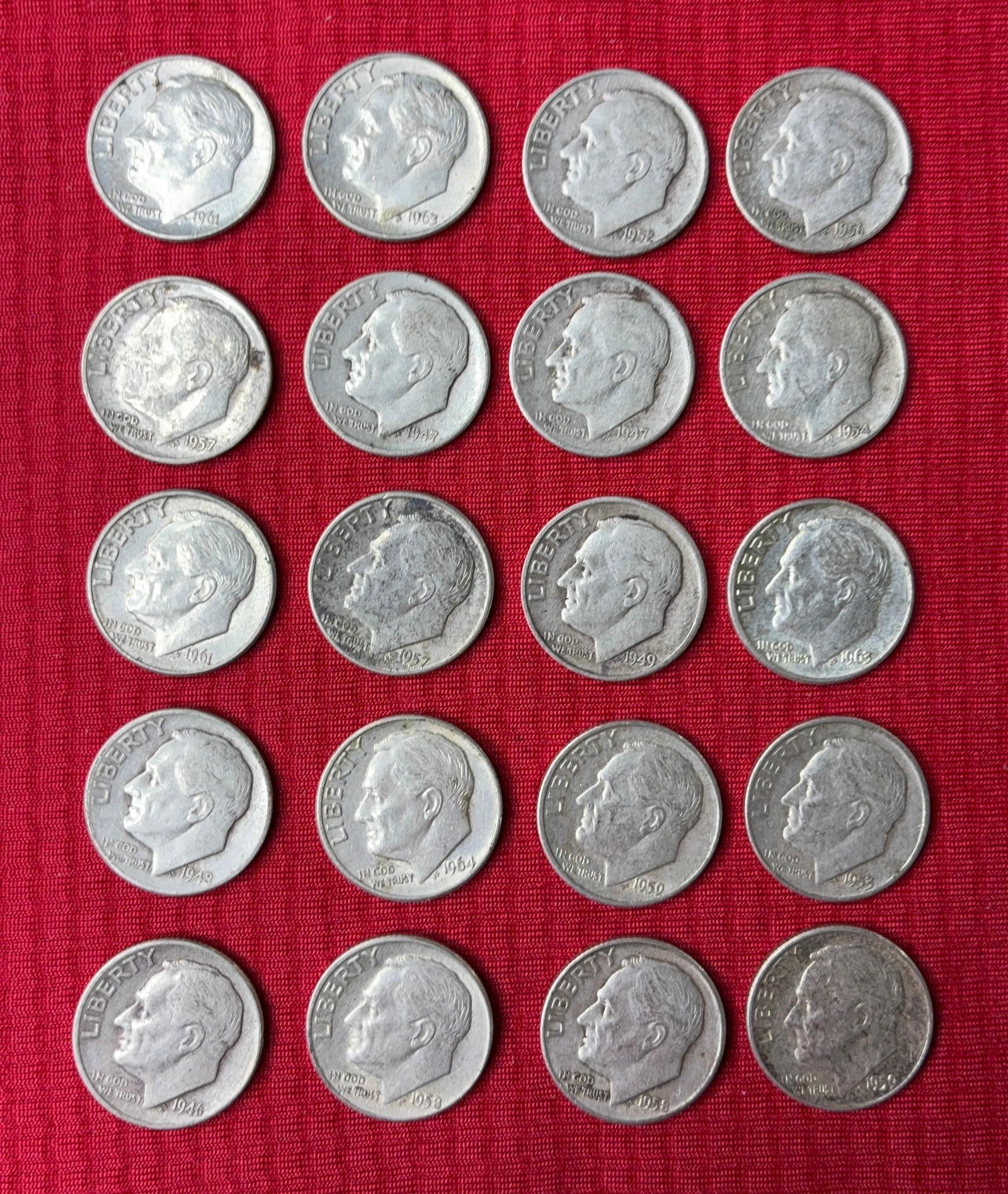 20 Early Roosevelt Dimes: 1946-1964