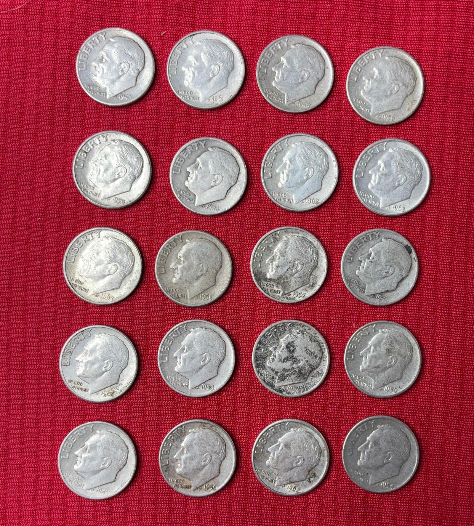 20 Pre 1964 Roosevelt Dimes: 1946-1964