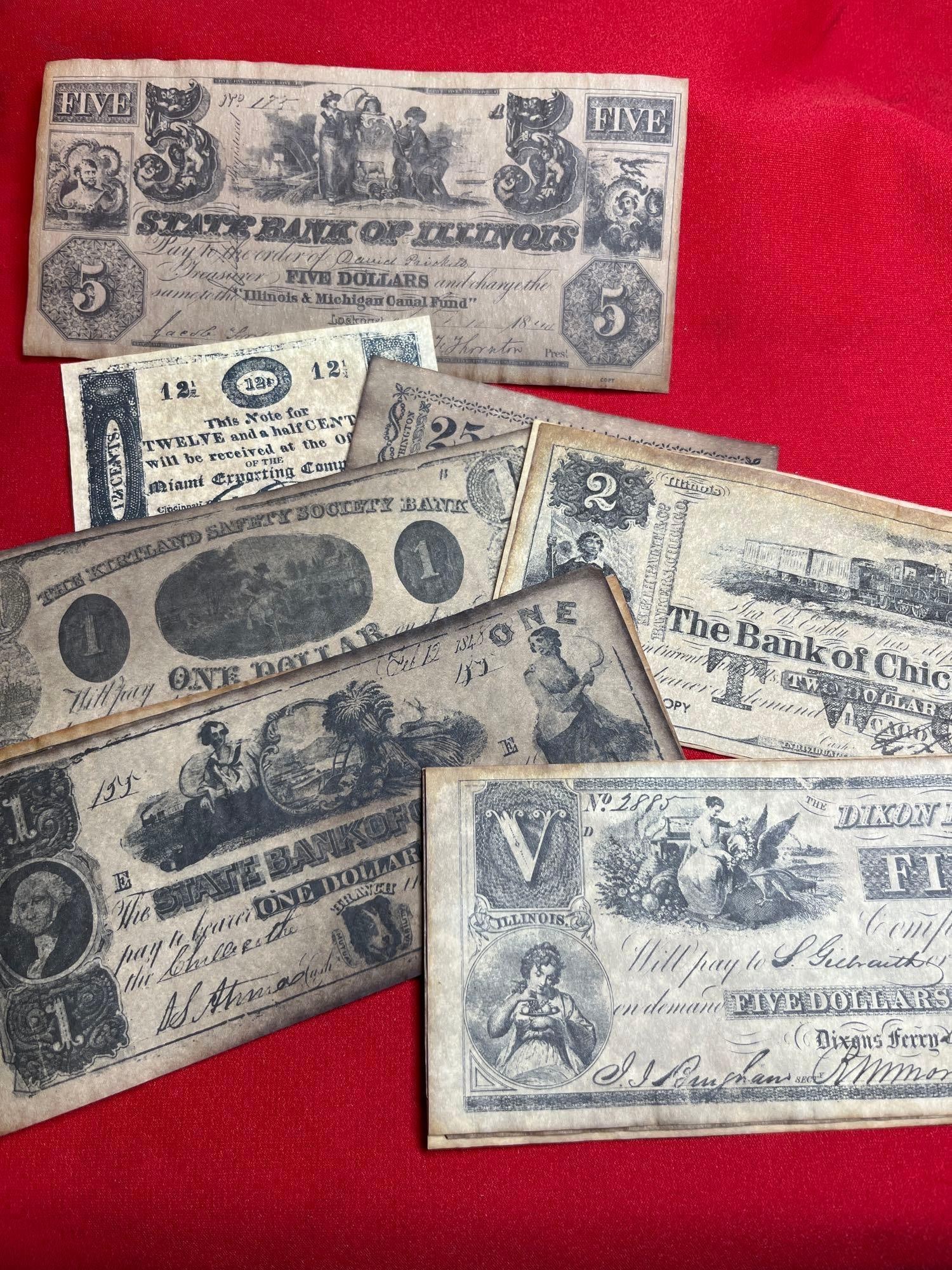 Antique Illinois Currency Reproductions: Great Replicas of the original currency 1838-1852, with original envelope. Including 100$ notes, 5$, 2$, and 1$ notes.