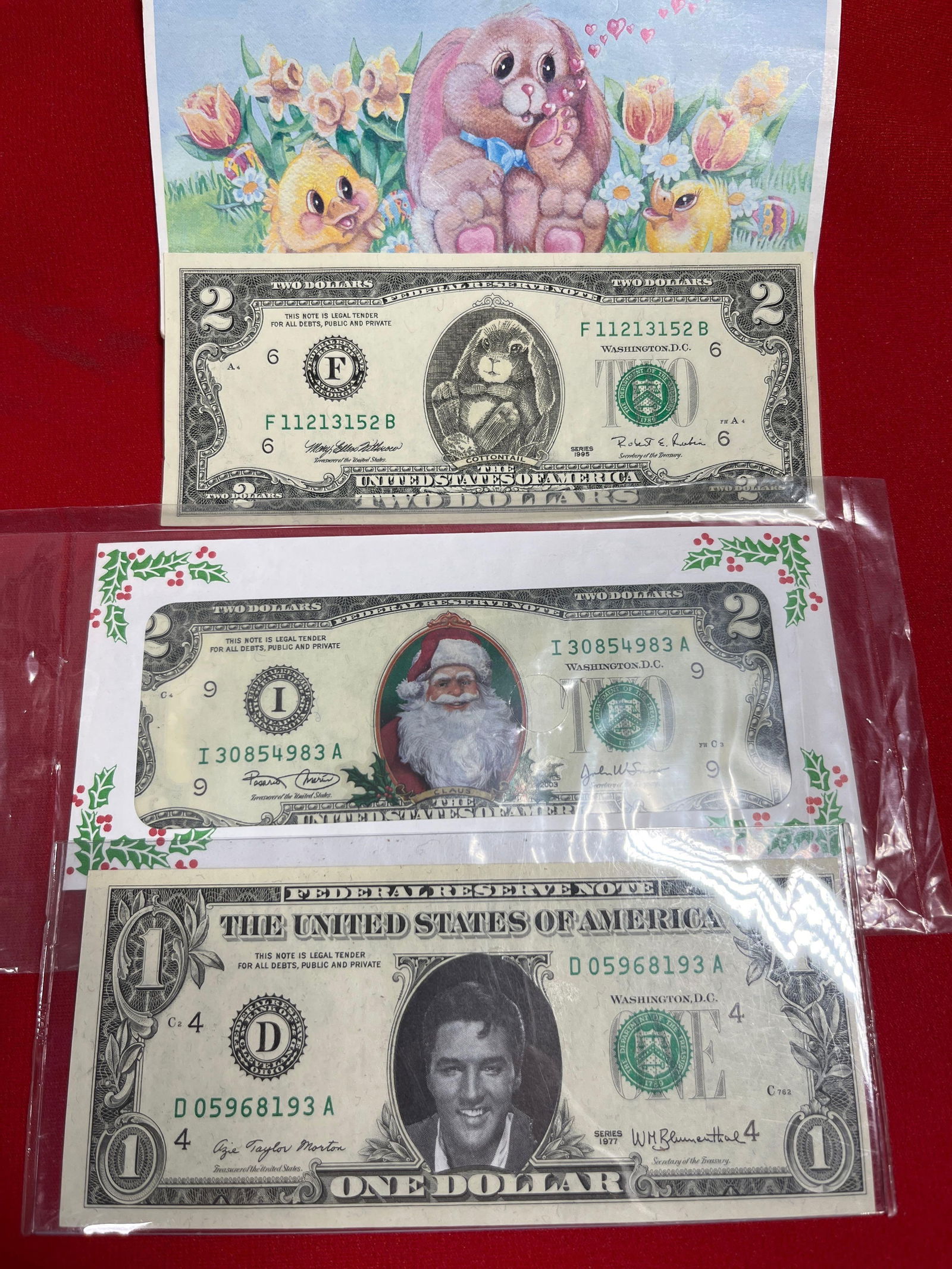 Easter, Christmas, and Elvis Presley Funny Paper Currency: 1995 $2, 2003 $2, and 1977 $1.