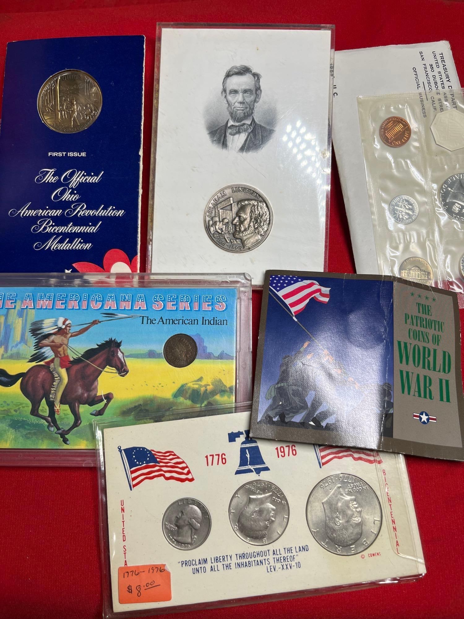 Sterling Abe Lincoln Medal, Mint Sets, WW1 Coins, Bronze Medallion, and Penny: 35.2 grams sterling Lincoln coin.