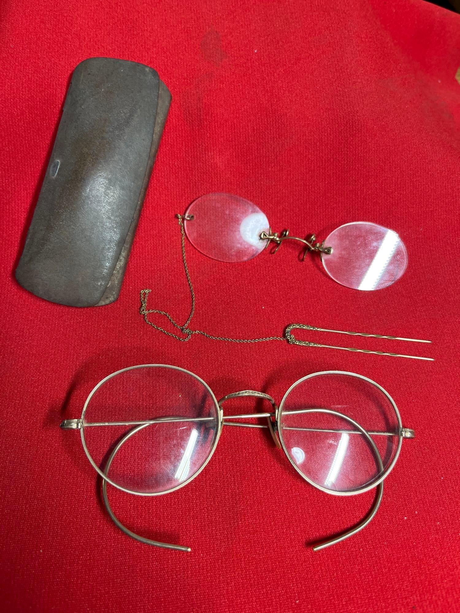 Gold Filled Wire Rim Glasses: Both In early good condition. One pair includes hair clip and case. 12K GF