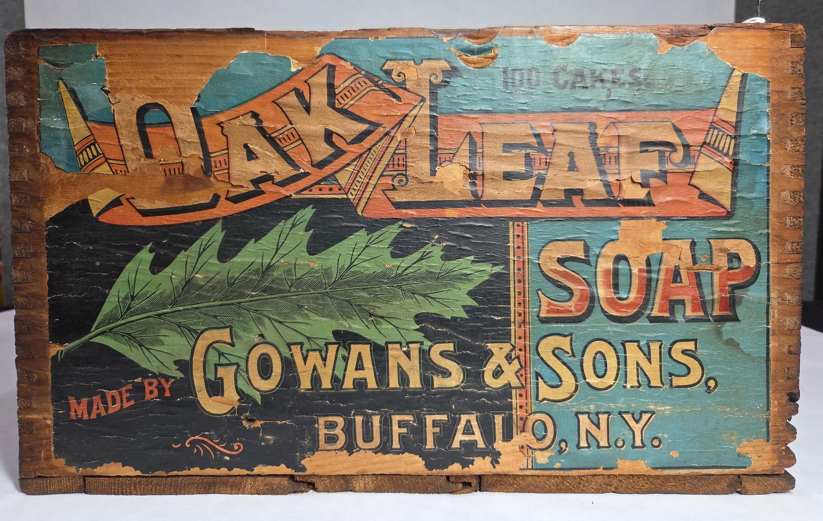 Gowans & Sons Oak Leaf Soap Cake Dovetail Wood Shipping Crate w/ Paper Label: Great label with color and graphics still visible as well as stenciling measuring 15 x 20