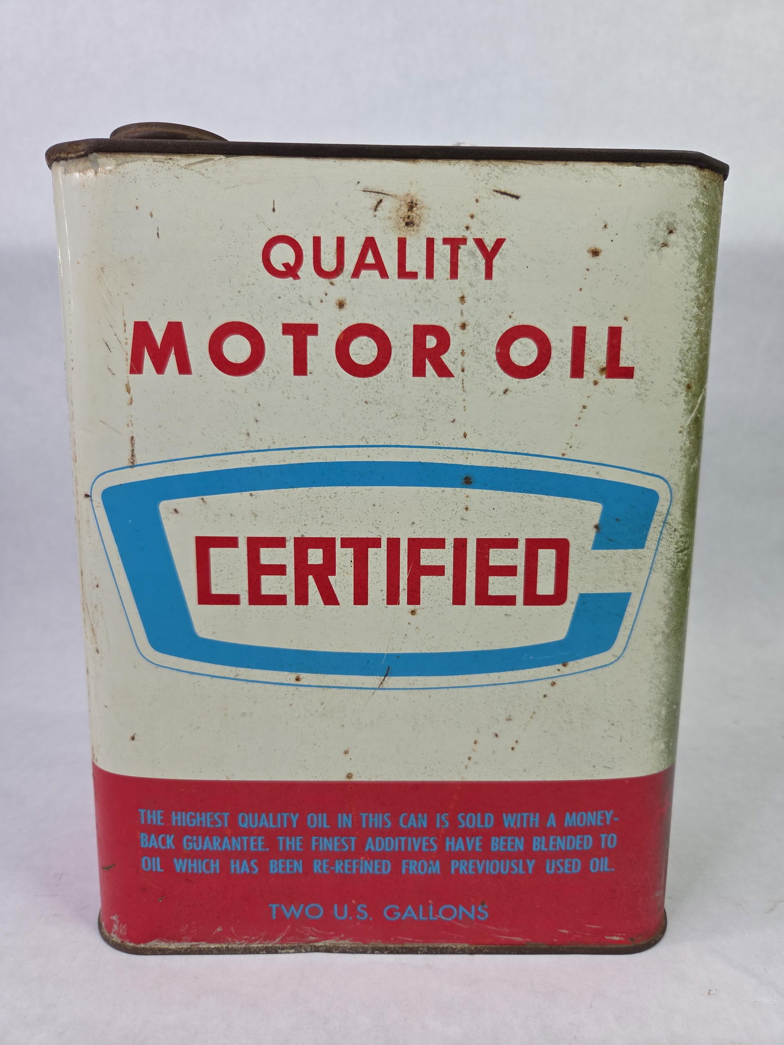 Certified Oil Company 2 Gal. Motor Oil Can: Showing discoloration as well as cap is missing with handle fully intact