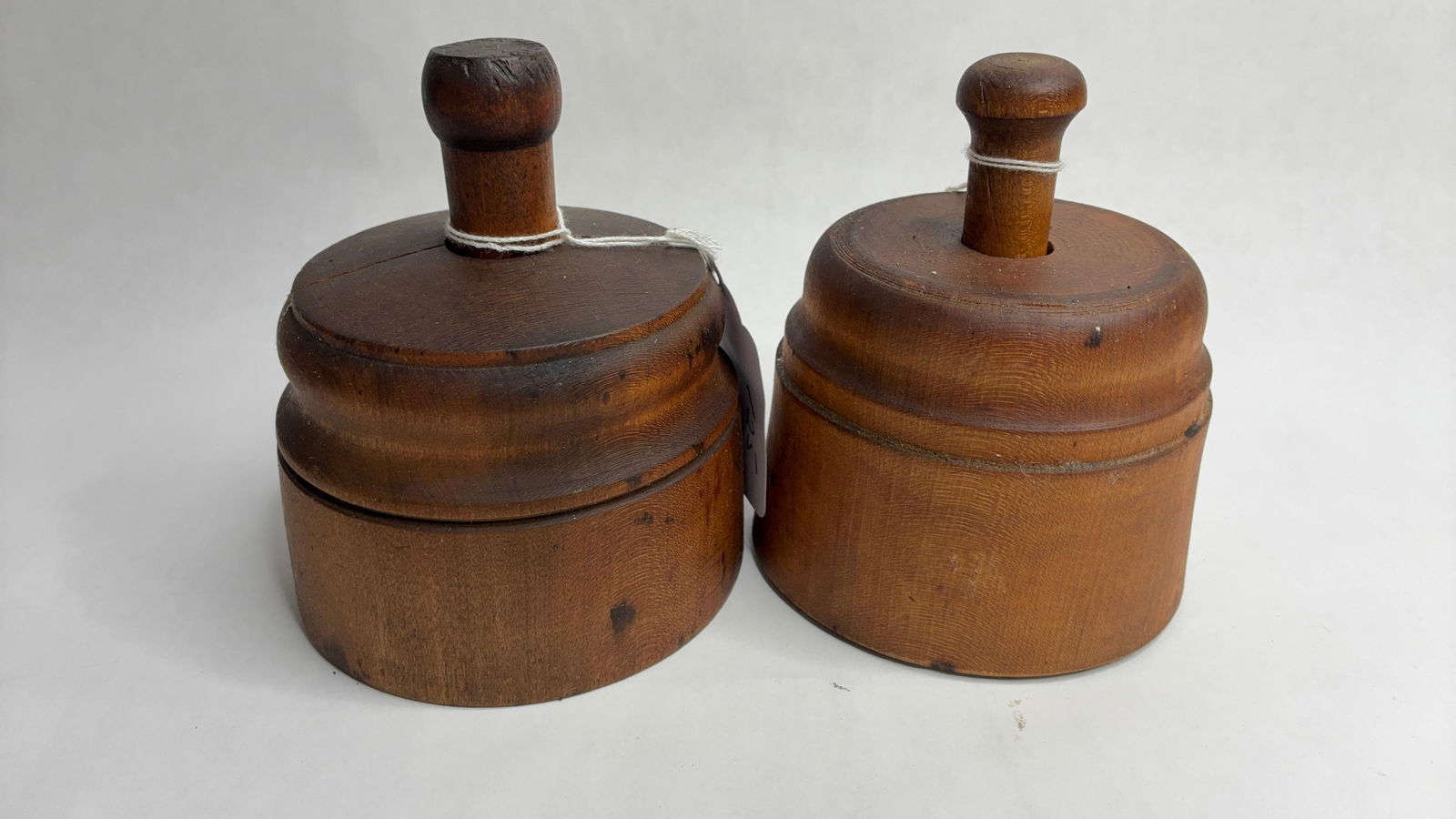 Primitive Lot of Wooden Butter Mold Bell Presses w/ Carved Leaf Designs: Great early condition with both being 1 lb butter mold stamps