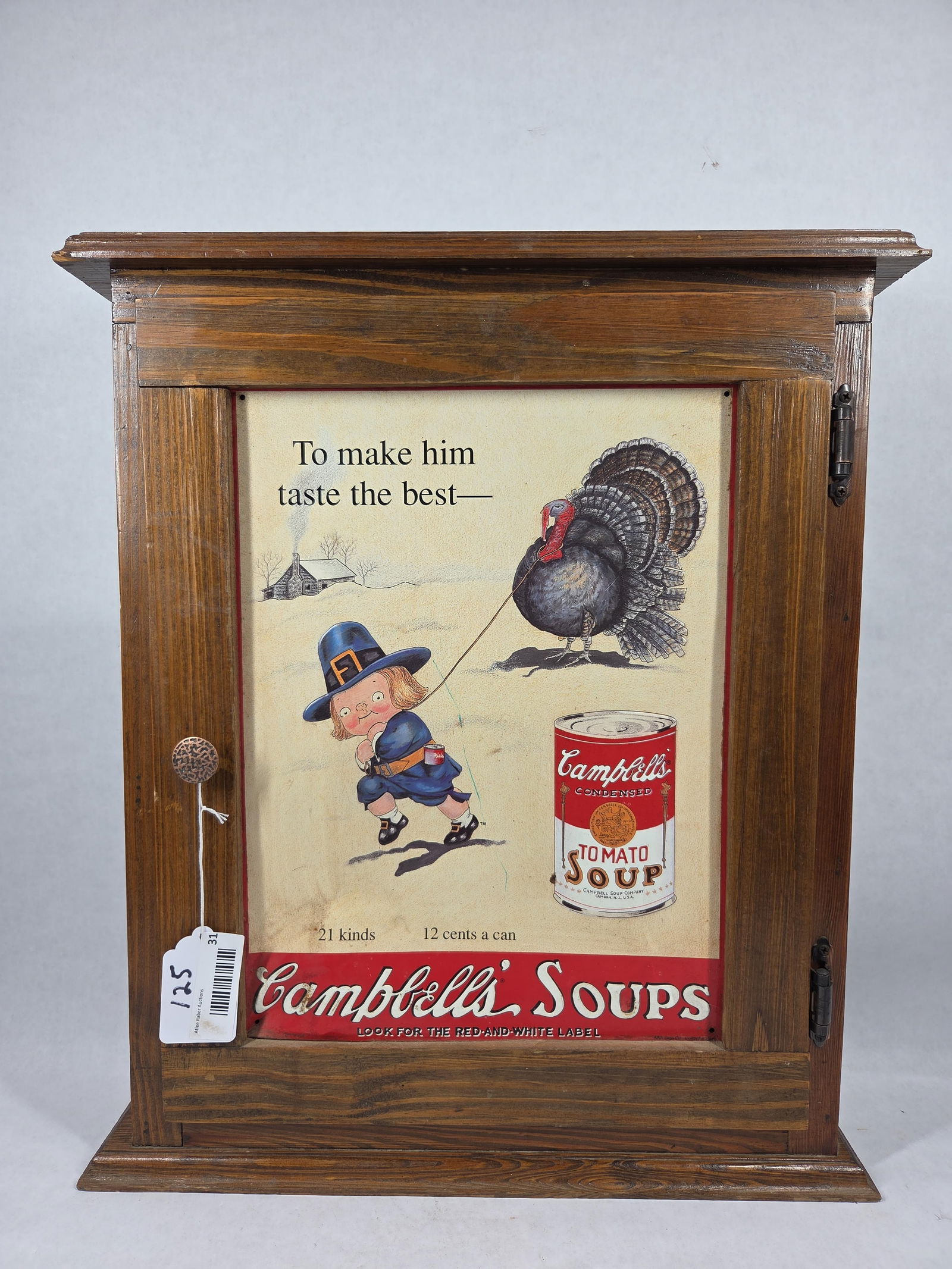 One Door Shelved Cabinet w/ SST AAA Sign Co. Campbells Soup Sign for Door: Great condition with denting showing to sign?cabinet measures 19 x 23 x 4