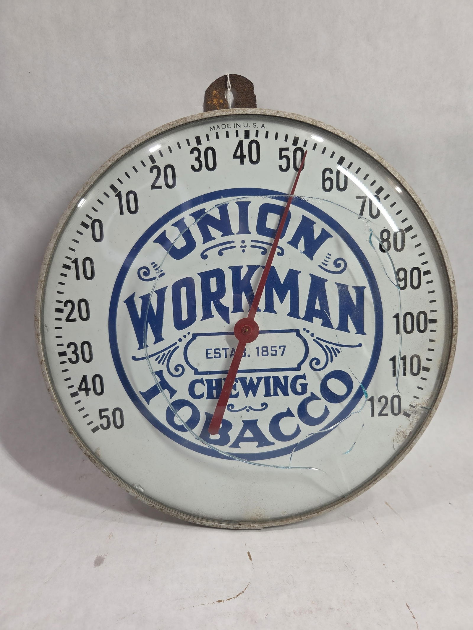 Union Workman Chewing Tobacco Advertising Wall Hanging Therm: Showing breakage to glass domed face?good working order measuring 12 in. D?