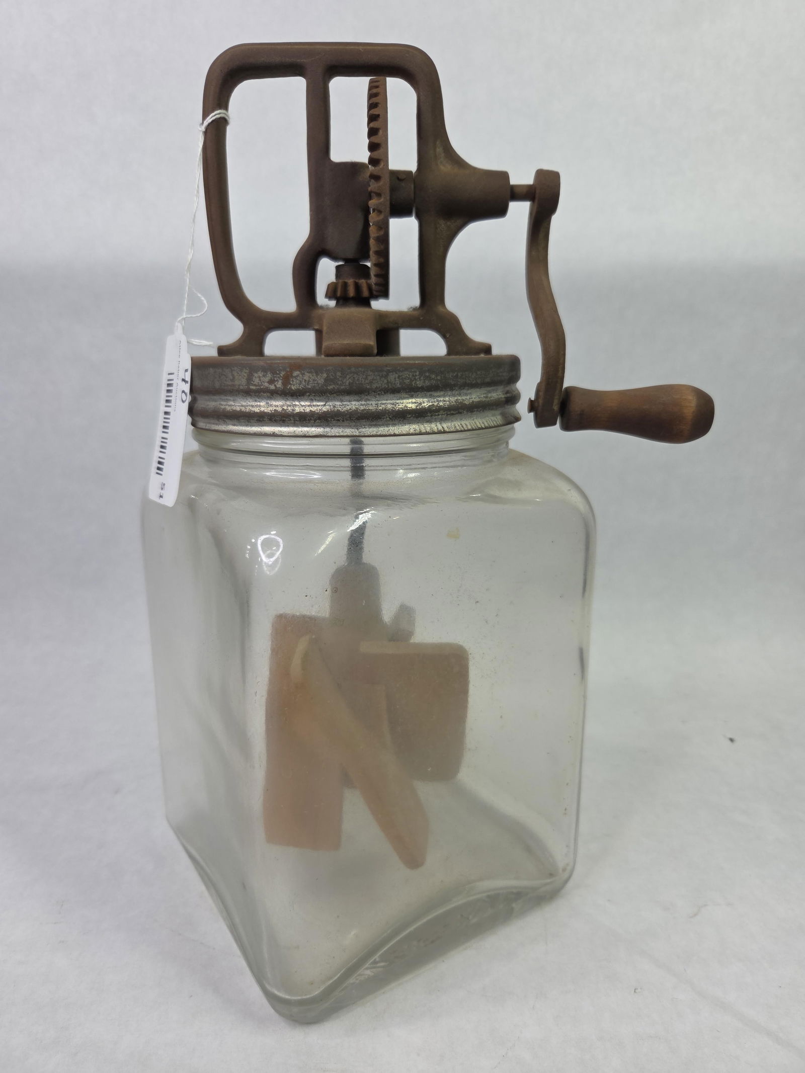 Primitive Hand Crank 4 Qt. Glass Jar Churn w/ Wooden Paddle (1 of 5)