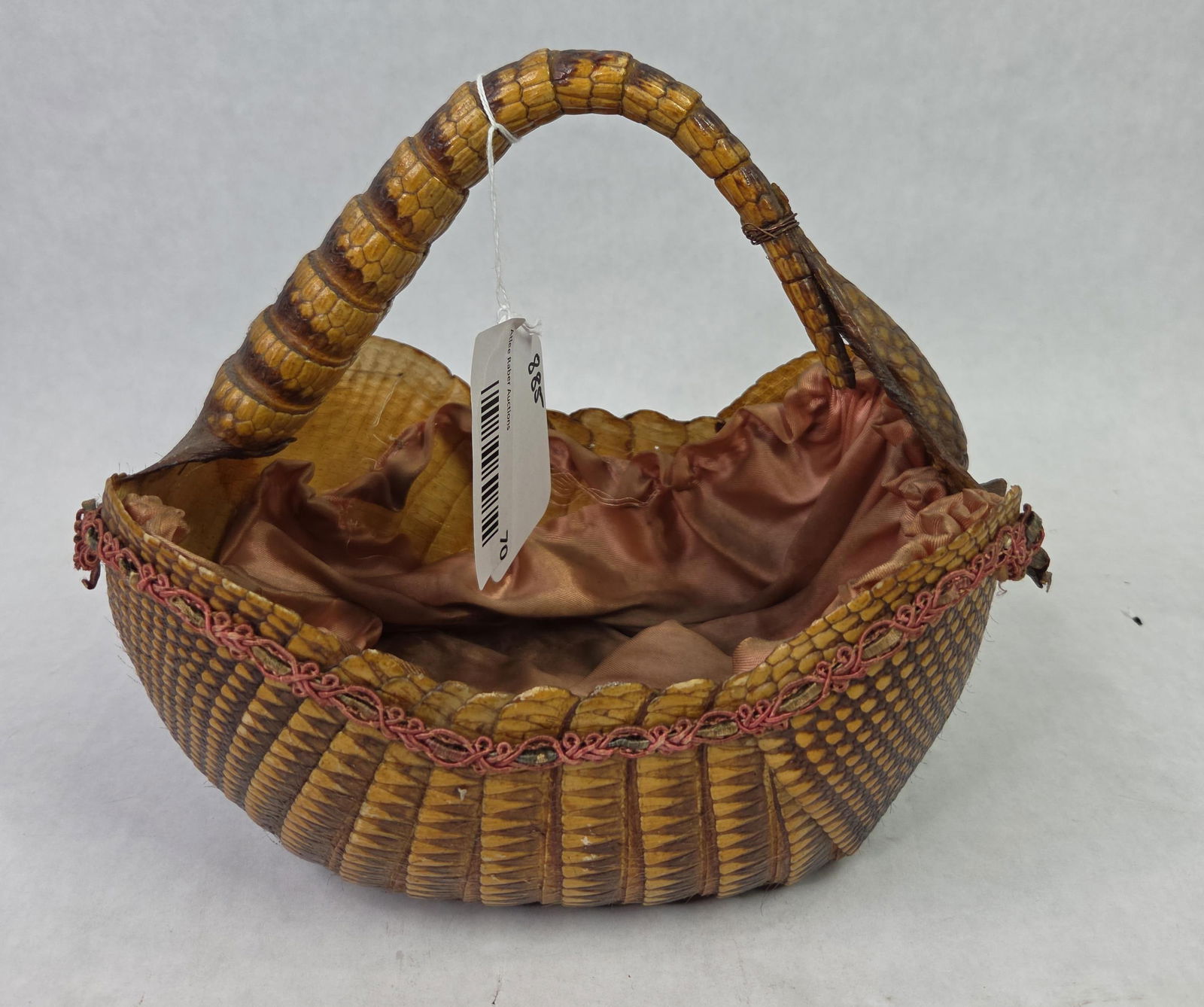 1906 Original Armadillo Shell Satin Lined Taxidermy Basket: Great overall condition with satin lining in need of repair as shown in photos 8.5 x 9.5