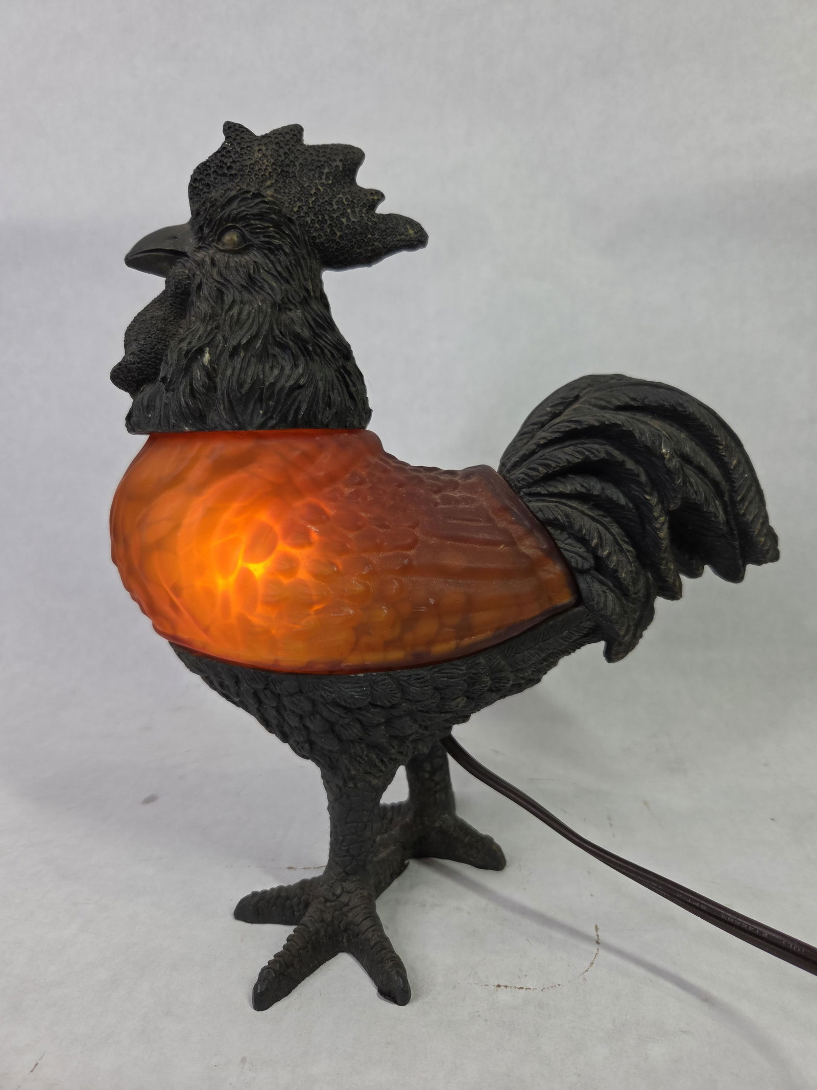 Tortoise Shell Amber Glass Shade Rooster Lamp: Great condition in good working order standing 11 in. H