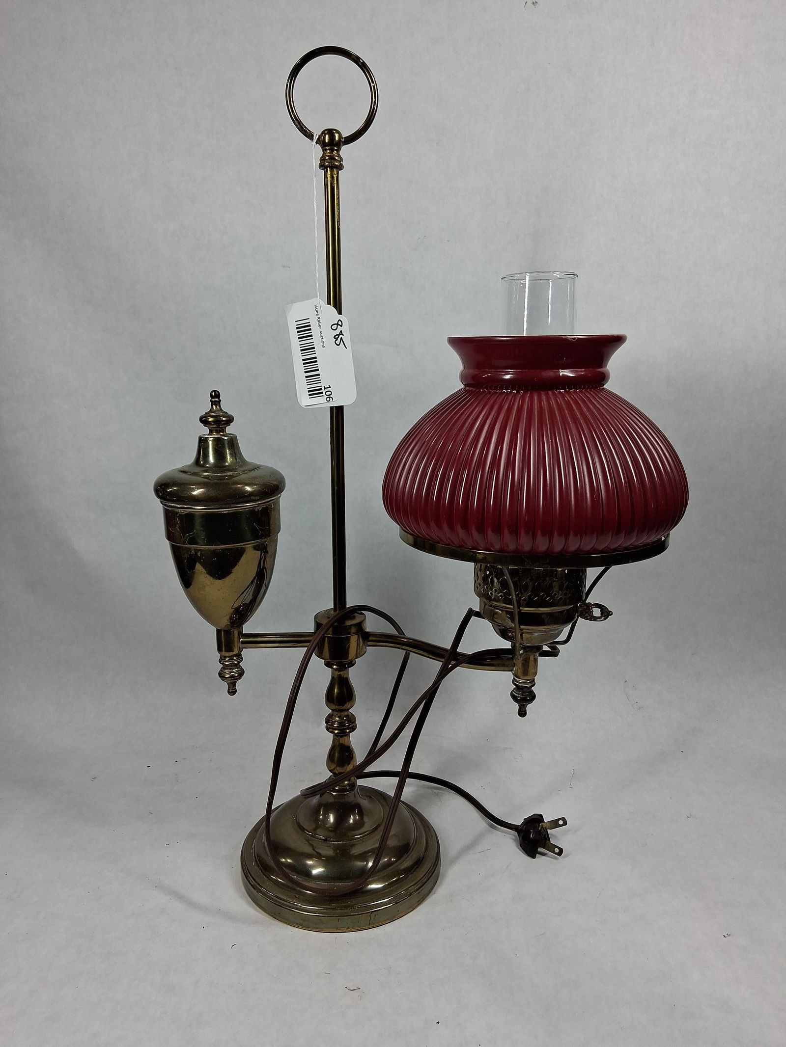 Antique Brass Student Desk Lamp w/ Red Ribbed Glass Shade (1 of 7)
