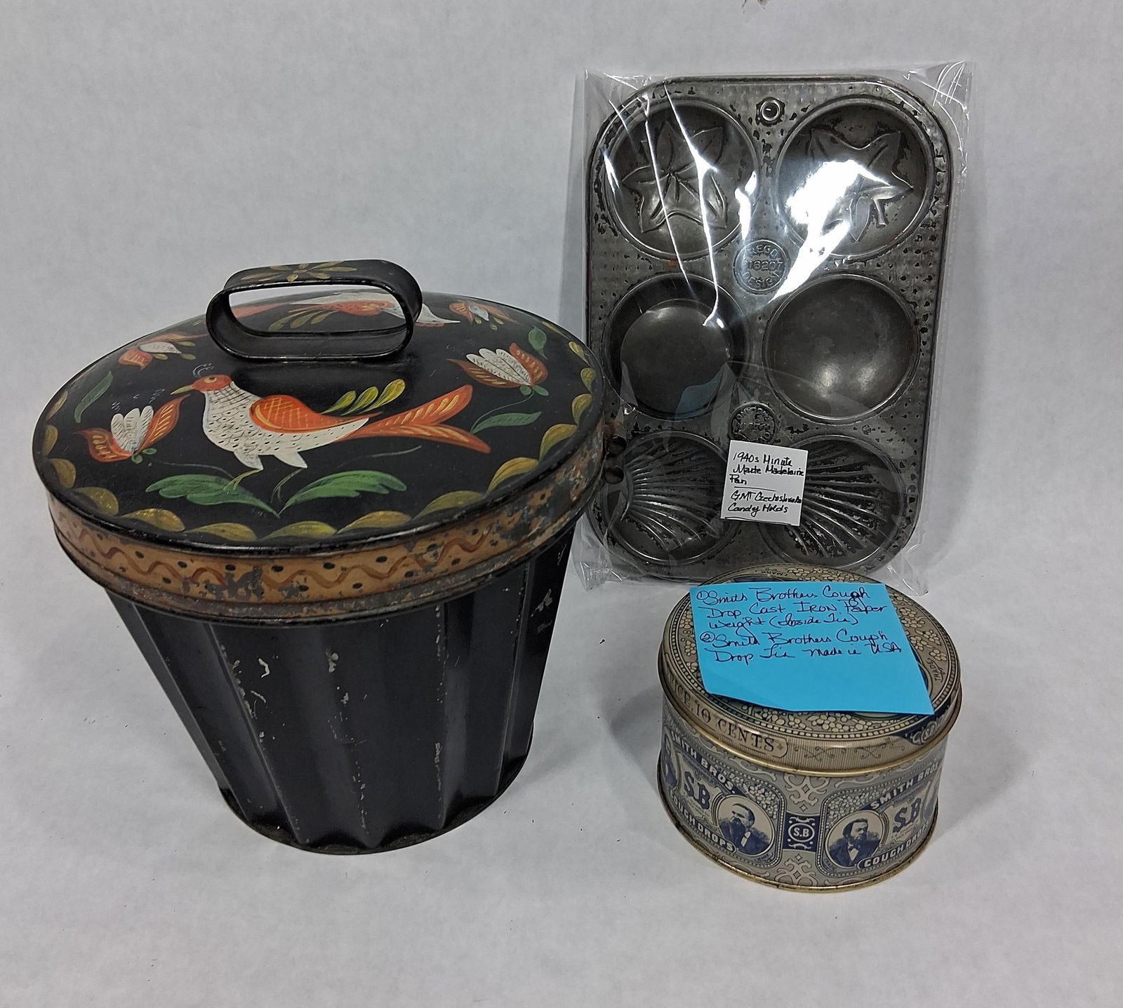 Kagelhopf Toleware Lidded Bundt Tin, Smith Bros. Tin and Candy Mold (1 of 7)