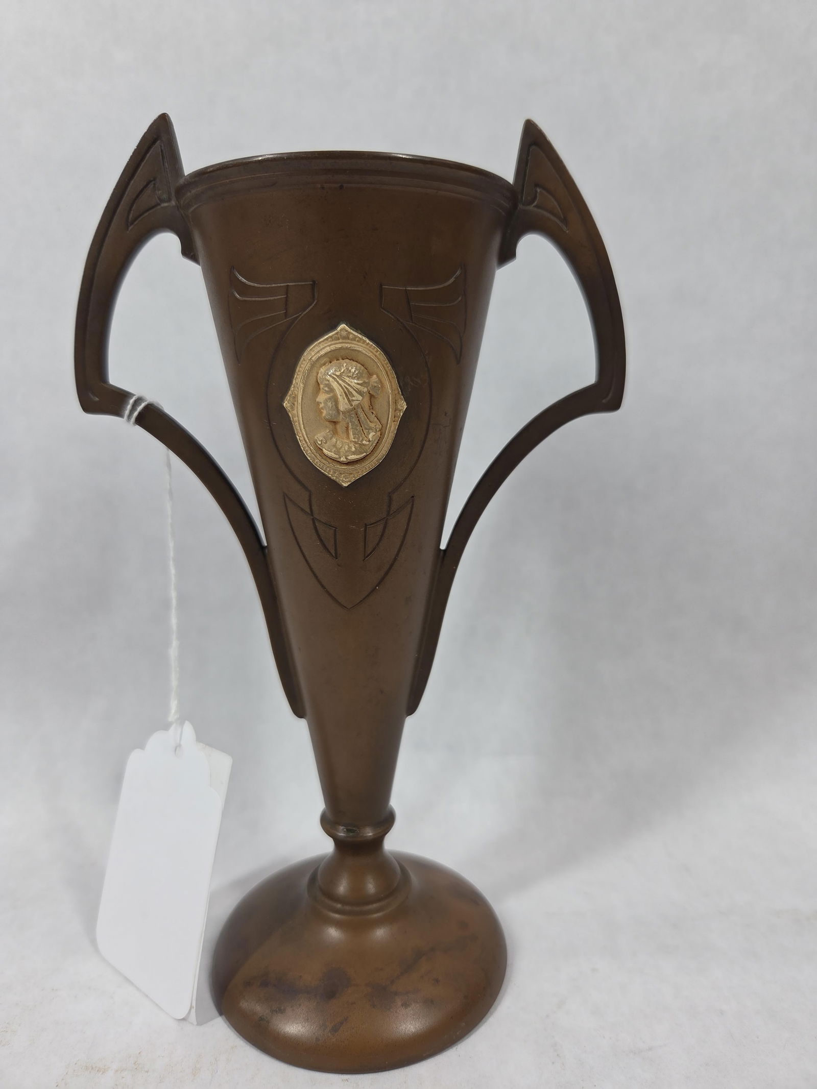 Benedict Bronze Overlay of Athena Arts & Crafts Period Handled Cup: Great early condition standing 8.5 H