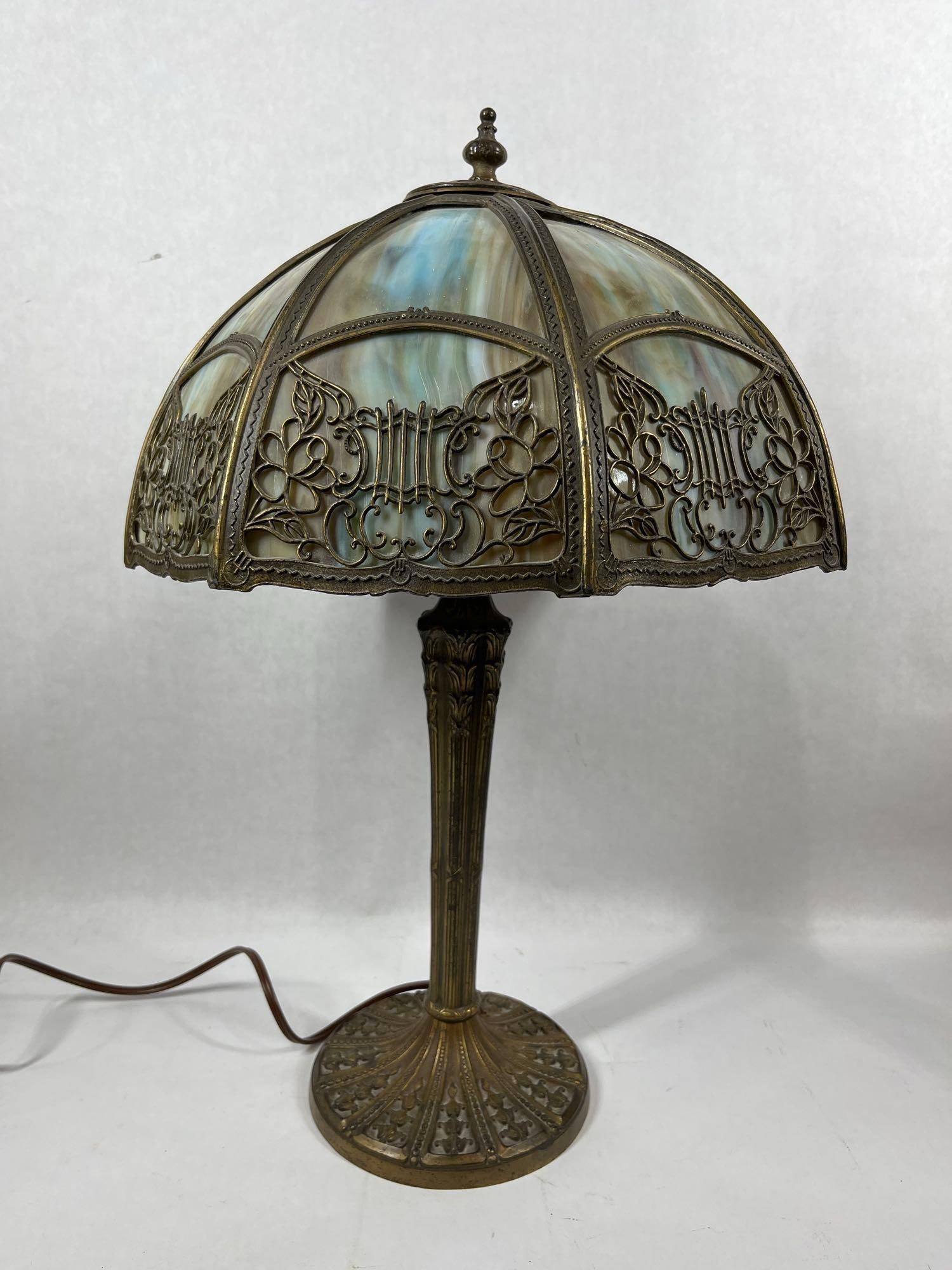 Antique Art Nouveau Brass Open Scroll Work Designed 8 Panel Slag Glass Table Lamp (1 of 8)