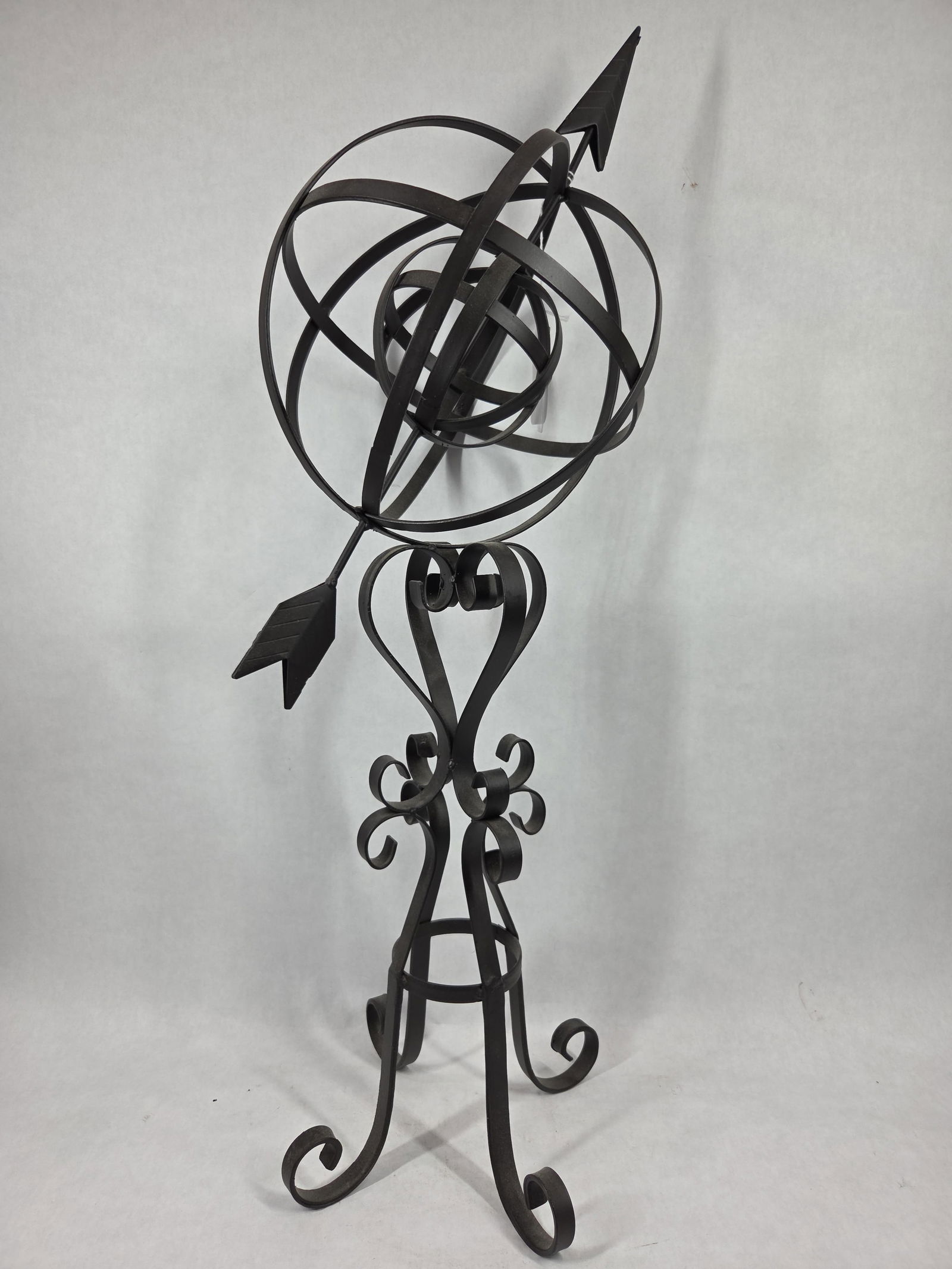 Iron Armillary Sphere w/ Arrow Shaped Gnomon Modeling Celestial Motion W/ Scrollwork Base (1 of 3)