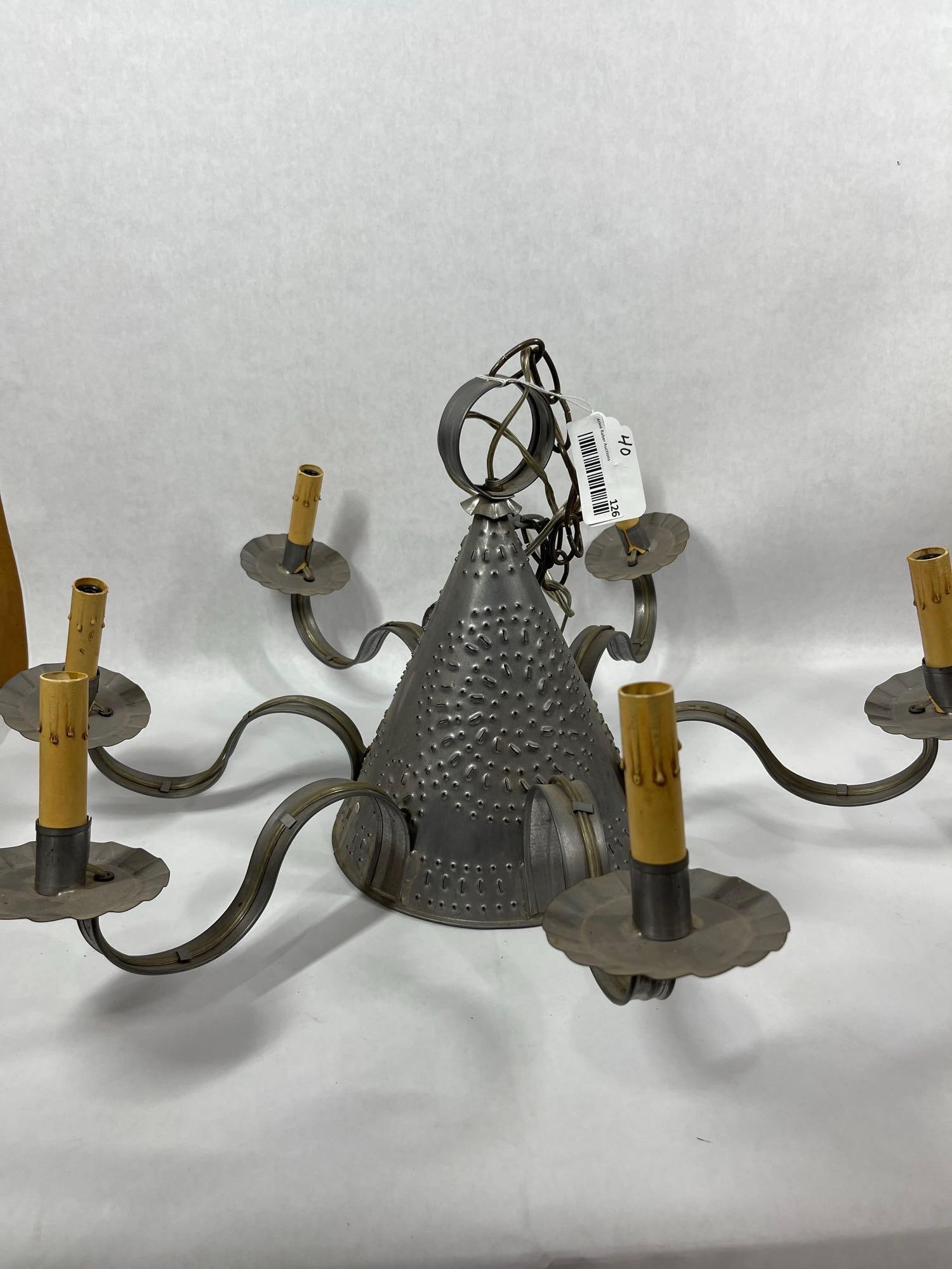 Great Primitive Punched Tin Witches Hat 6 Arm Candle Light Chandelier: Electrified untested overall great early condition measuring 27 in. D