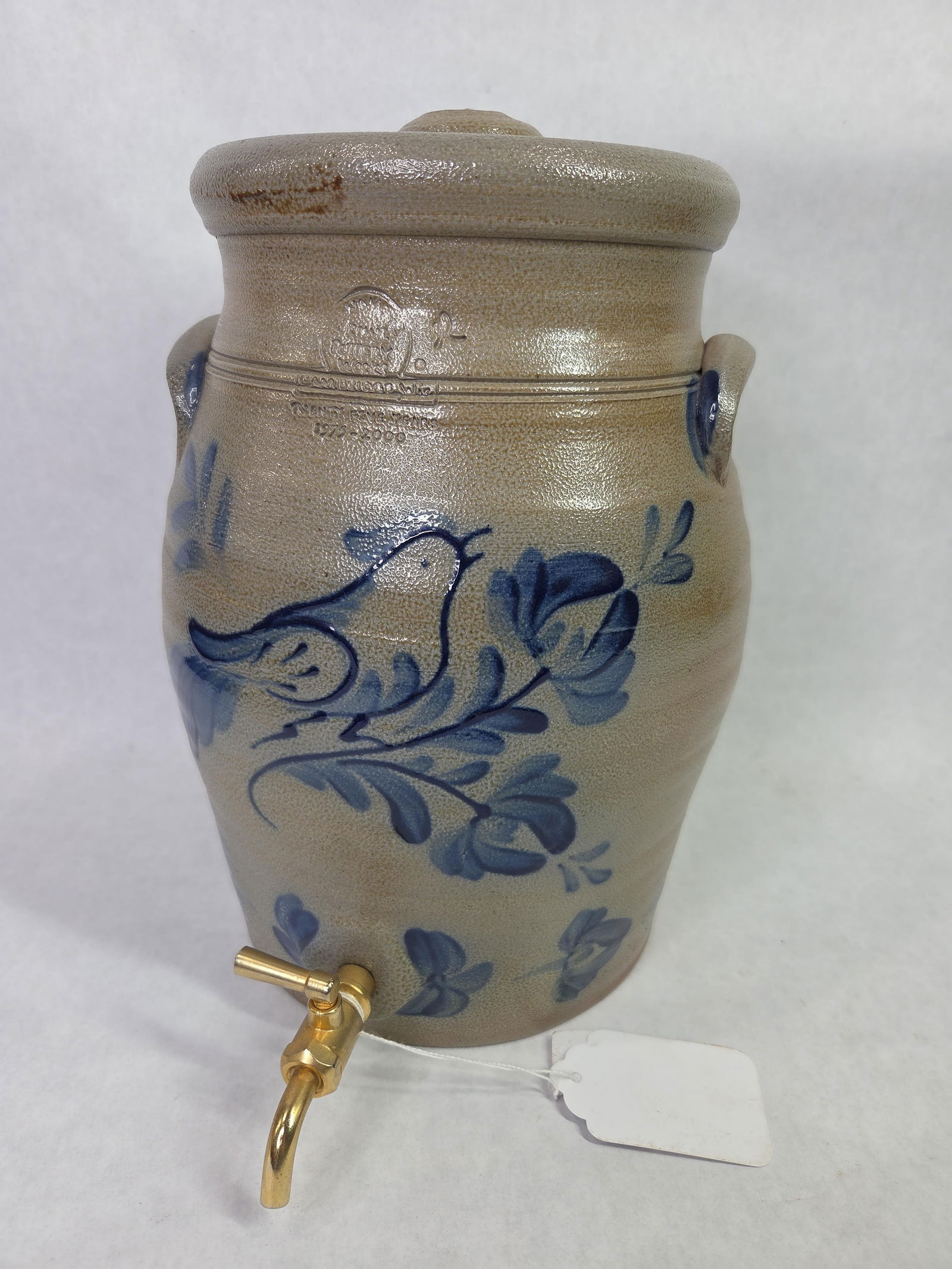 Rowe Pottery Works Cobalt Decorated Lidded and Handled 2 gal Stoneware Crock Dispenser: Great overall condition showing only manufacturing flaws?Anniversary edition 1975-2000