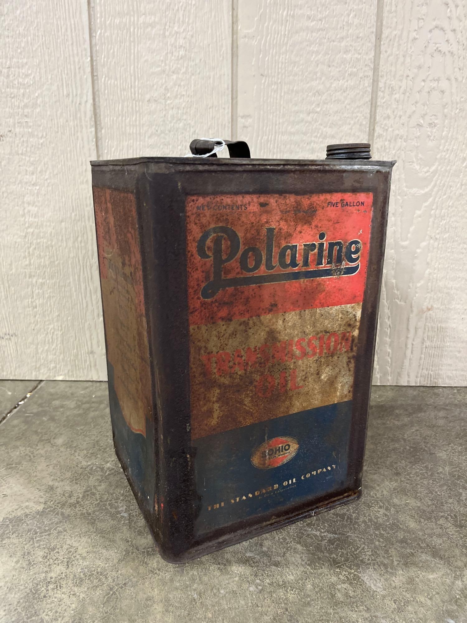 Sohio Polarine 5 Gal. Transmission Oil Can: showing soiling due to age
