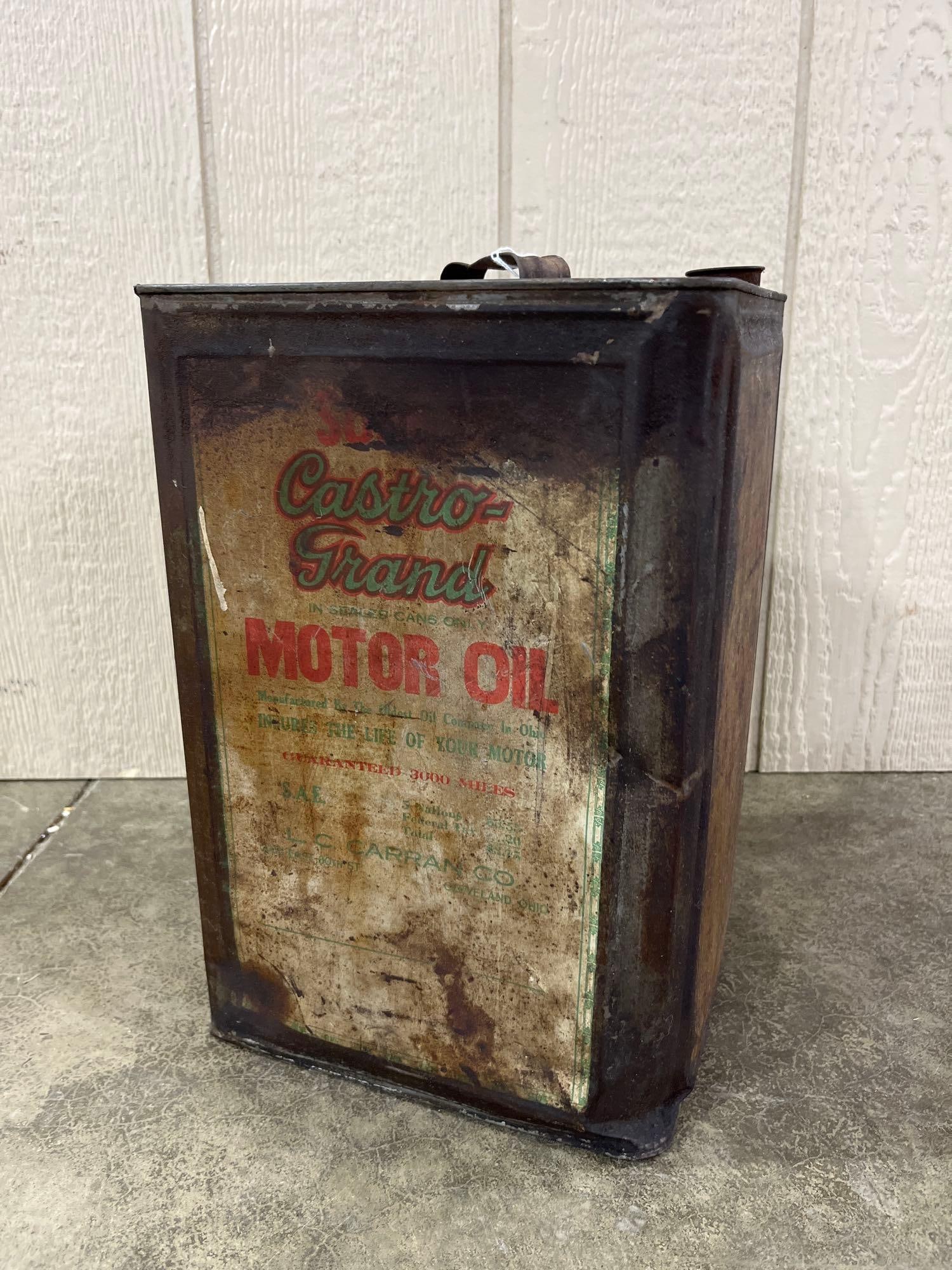 Super Castro Grand 5 Gal. Motor Oil Can: Showing soiling as well as condition issues due to age and usage