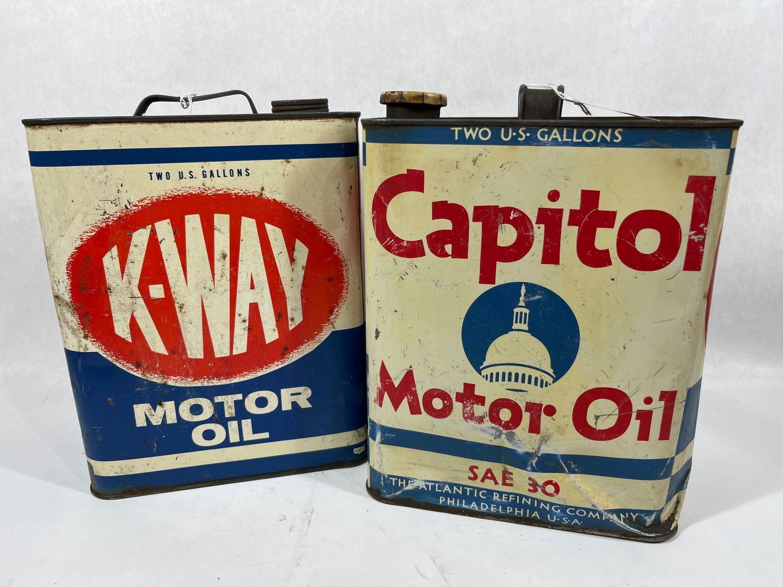 Capitol and K-Way 2 Gal. Motor Oil Cans (1 of 8)