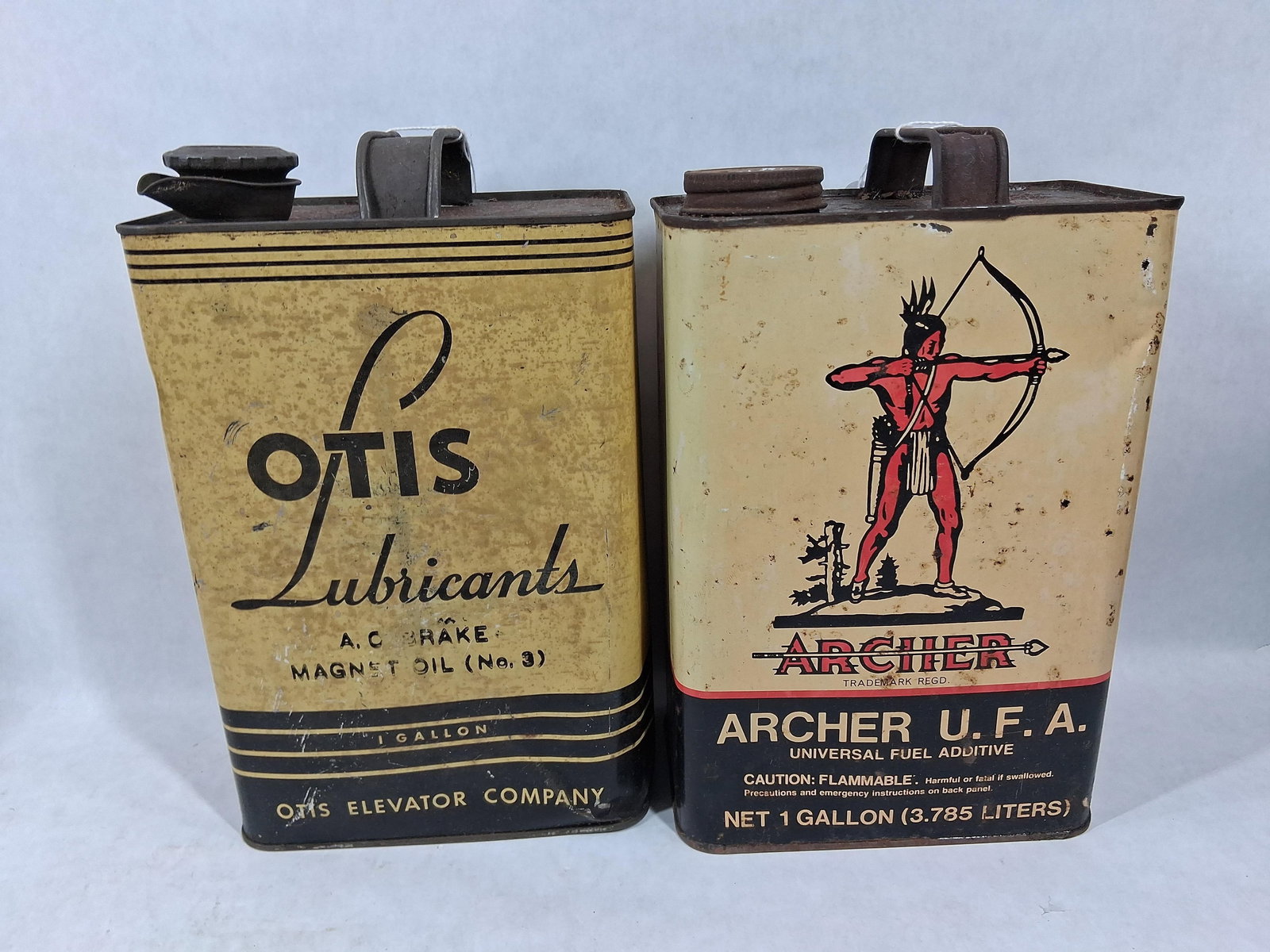 Otis Lubricants and Archer 1 Gal. Oil and Additive Cans: Great graphics with soiling showing and complete with caps