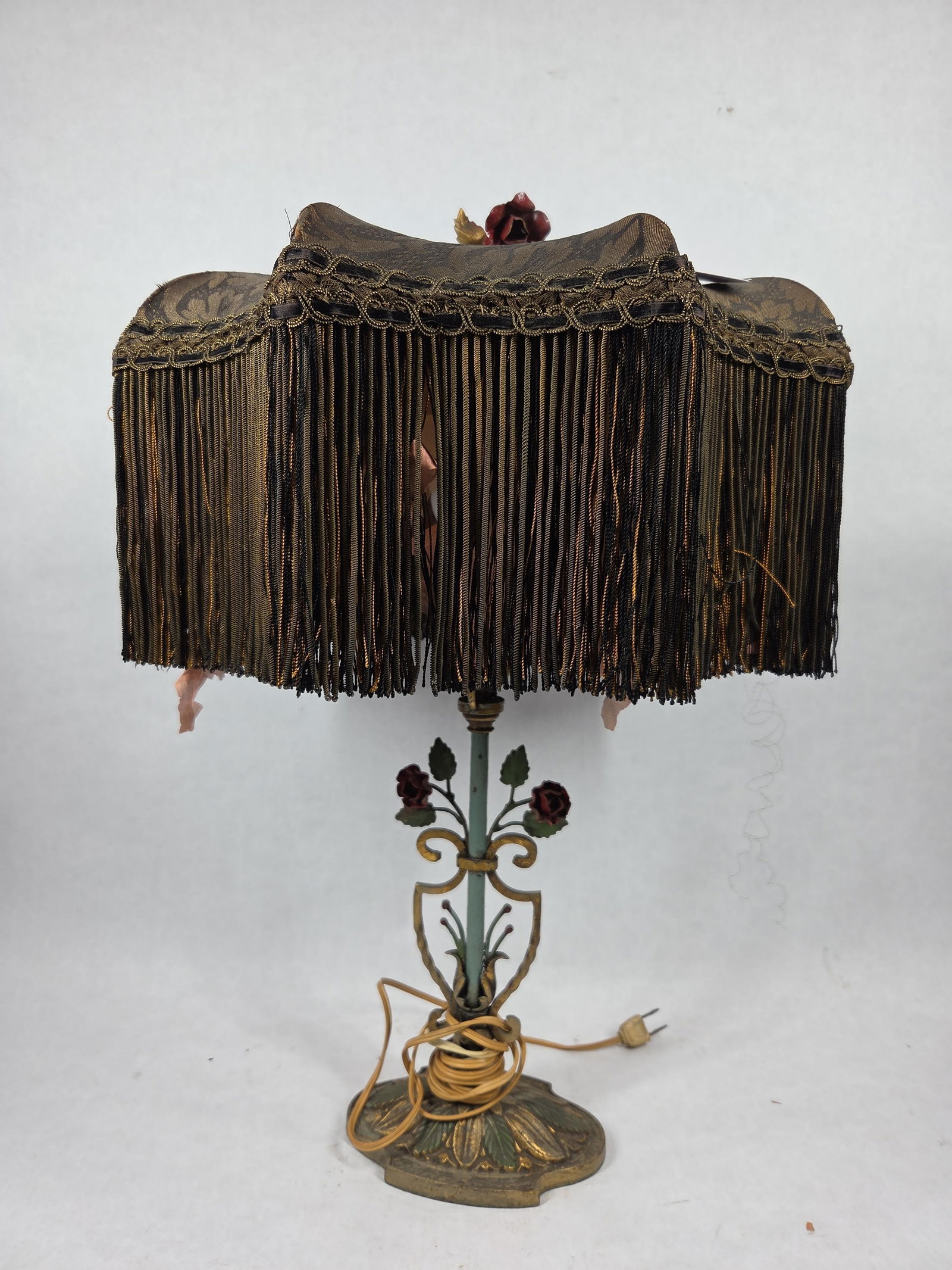 20th C. Italian Tole Lamp Floral Gilded Polychrome Base w/ Silk Fringed Shade (1 of 6)