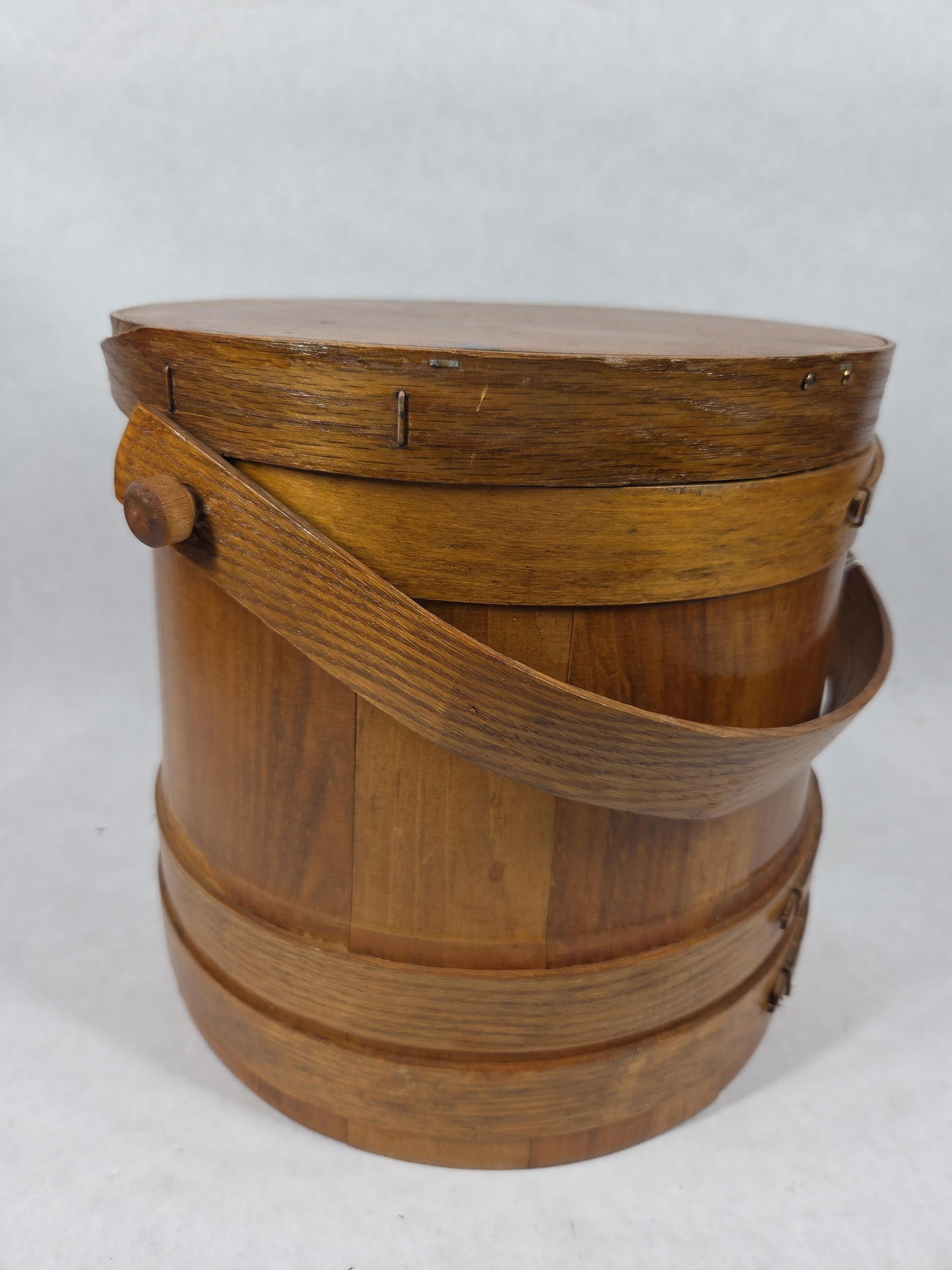 Old Oak Firkin Bucket: A few minor scratches to lid, overall good solid construction. 10x10