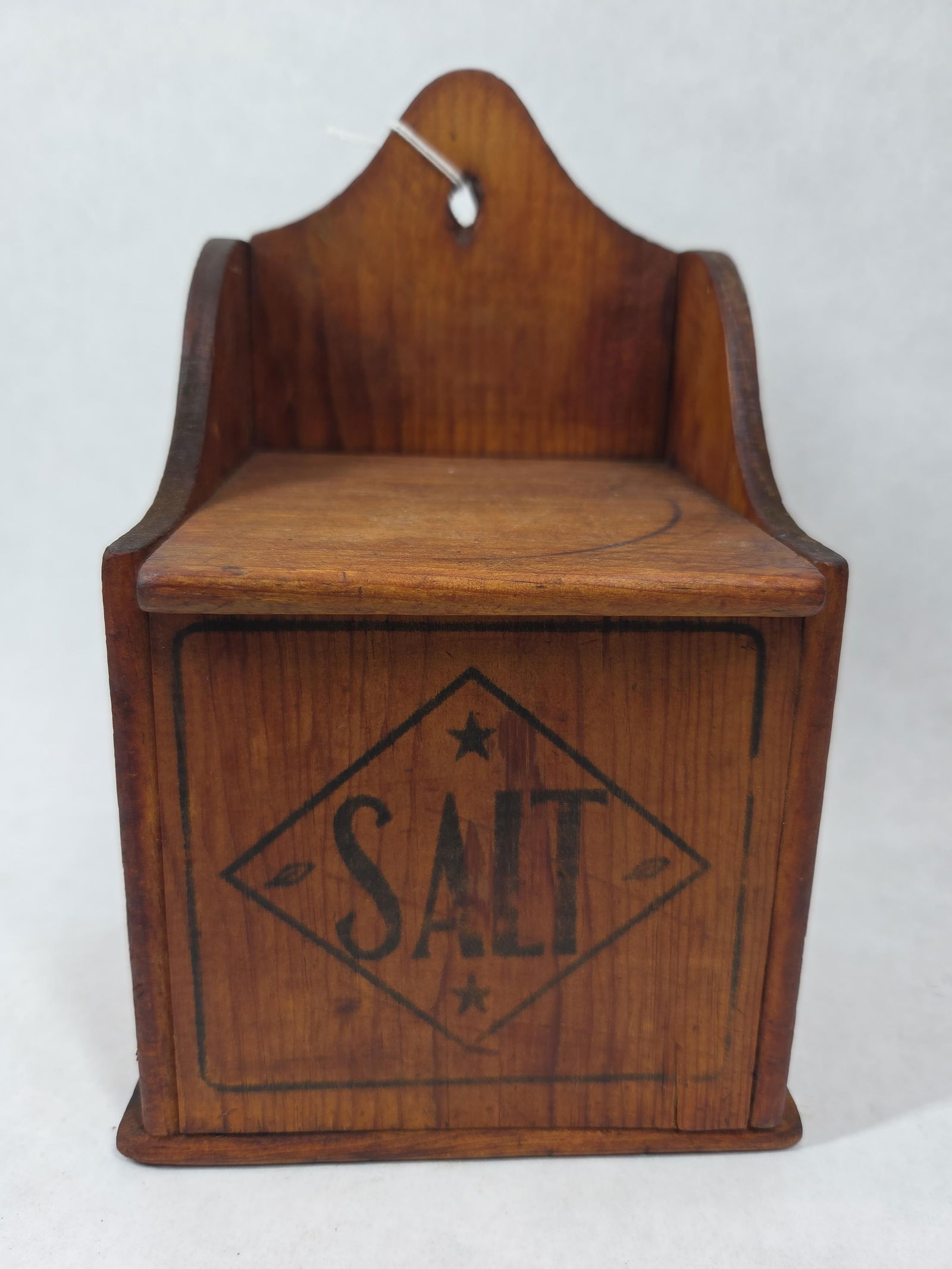 Primitive Wood Wall Hanging Lidded Salt Box: Great stenciling and overall good condition measuring 9.25 in H