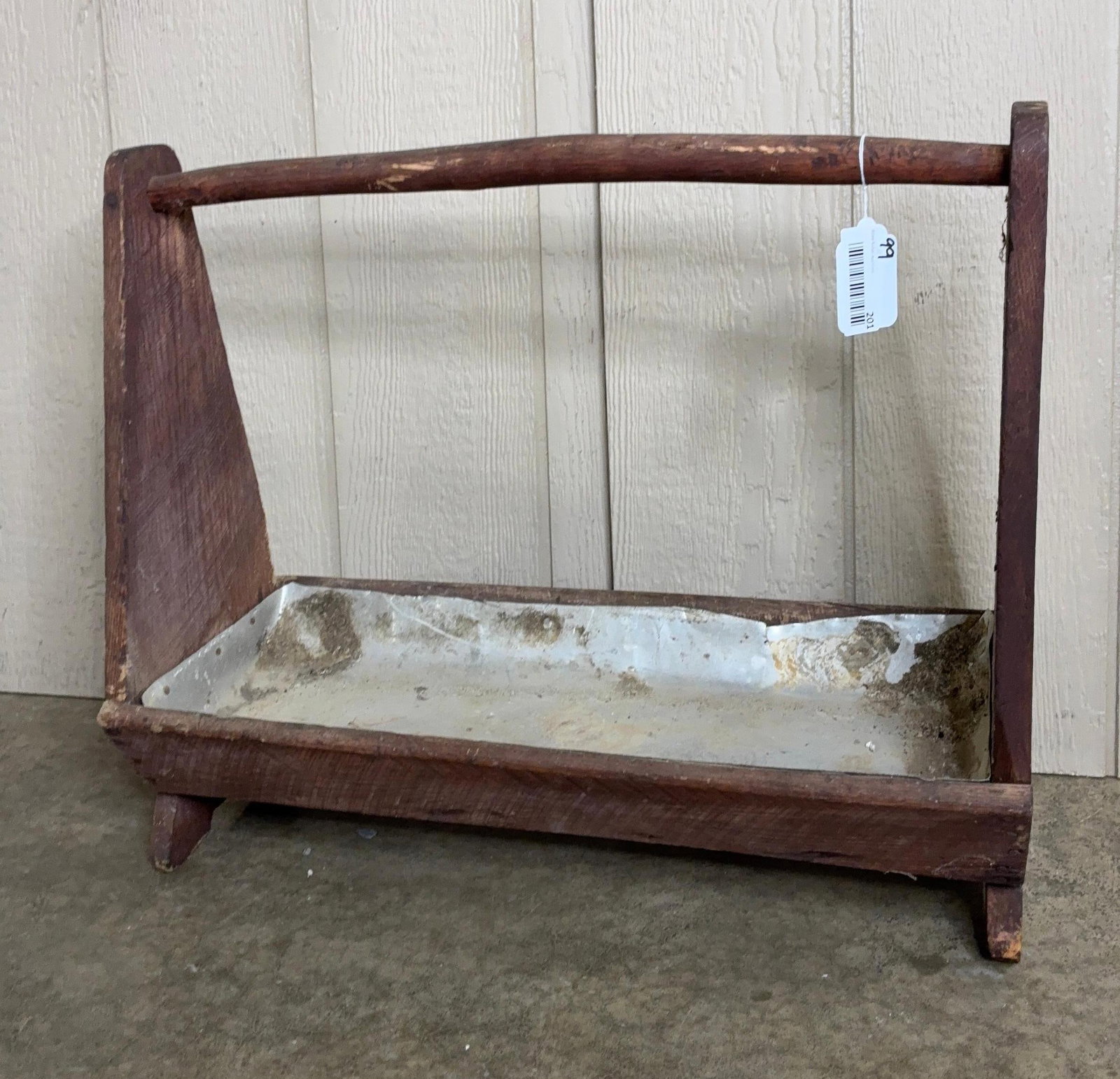 Tin Lined Primitive Tool Caddy: Nice construction featuring a limb handle and an older red stain. 25x10.5x22