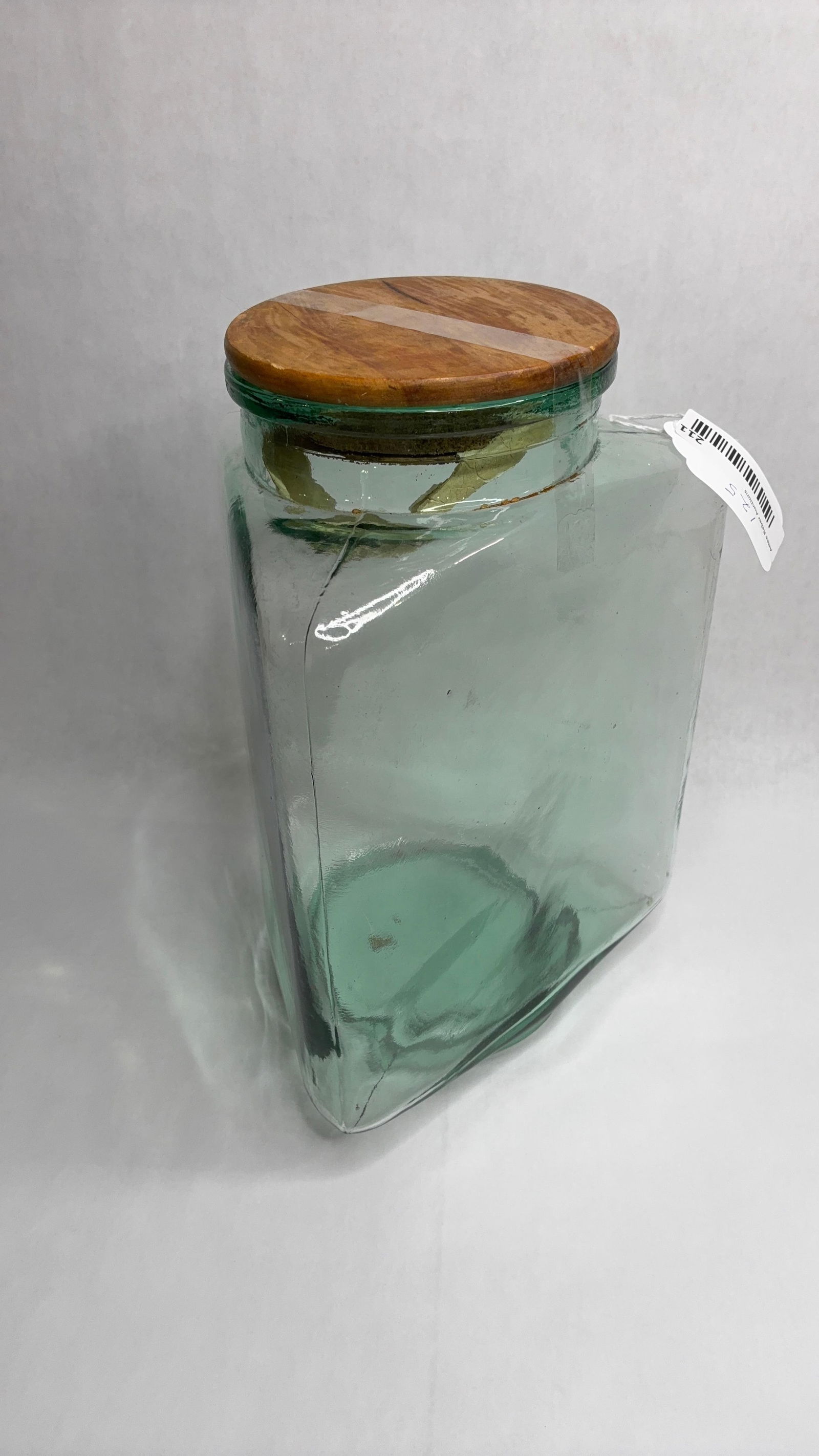Country Store Triangular Candy Jar: Thick green glass with wooden lid. 9x9x12