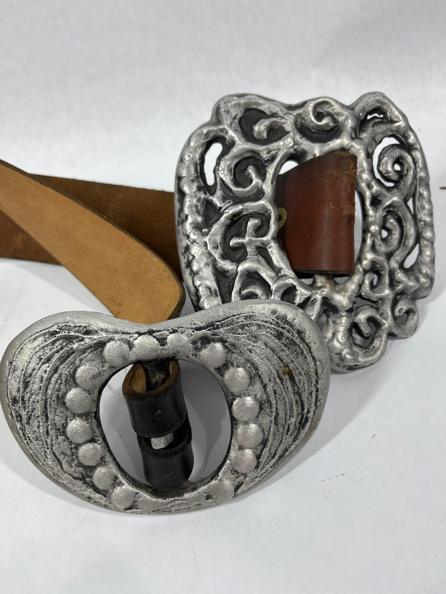 Vintage Don Drumm Artist Signed Metal Art Buckles and Leather Belt Lot of 2: Great DonDrummlot including black and brown leather belts