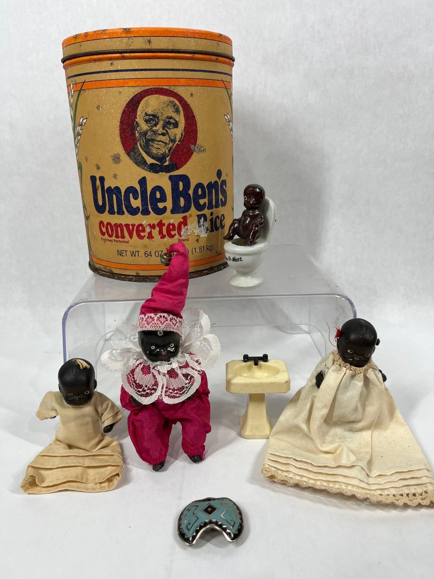 African Dolls & Uncle Ben Rice Tin: Three early dolls with china heads, scarp clip, and other great items.