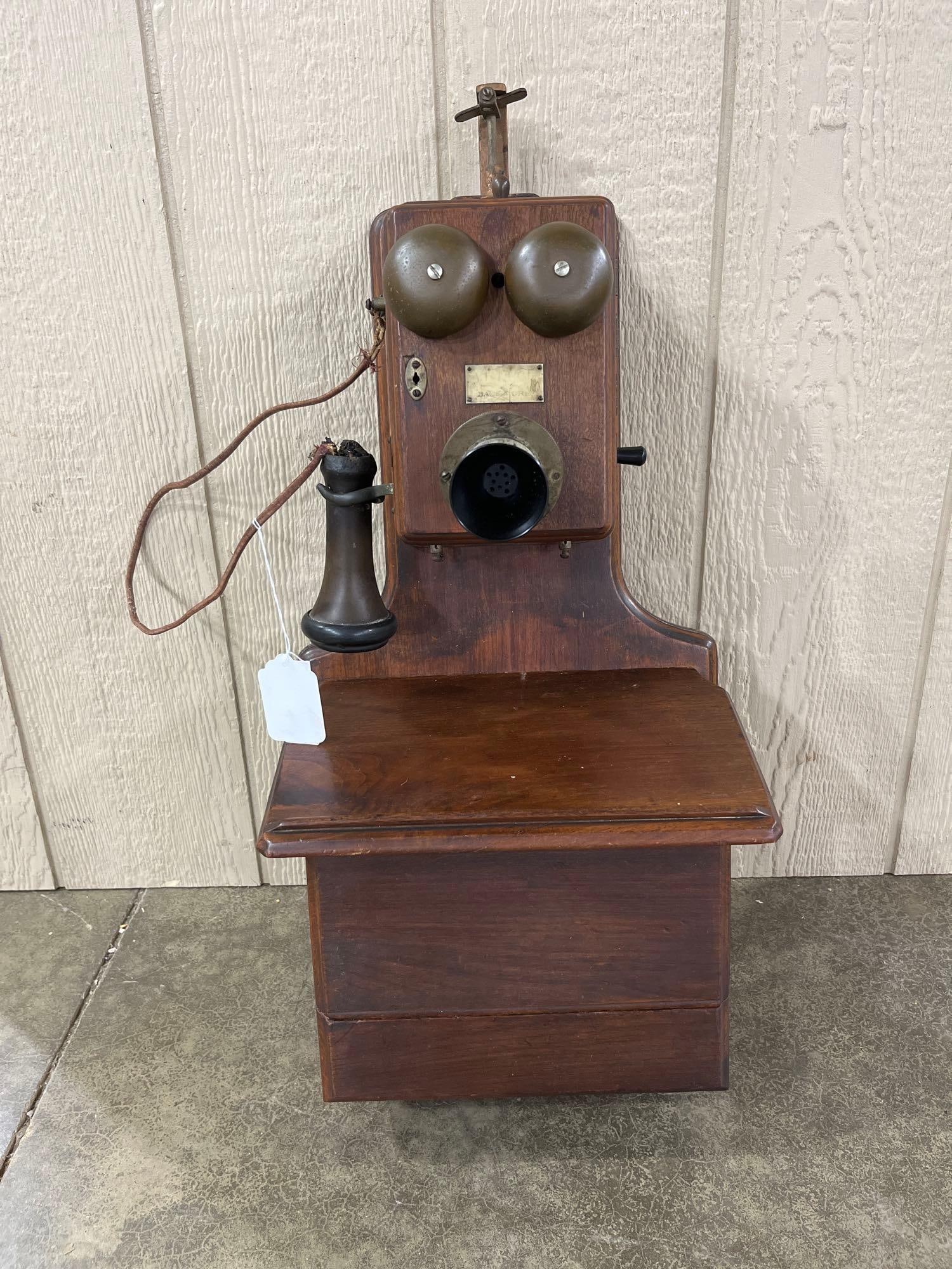 Antique Wood Wall Mount Hand Crank Double Box Kellogg Telephone: Good overall condition for age with all parts moving freely as should