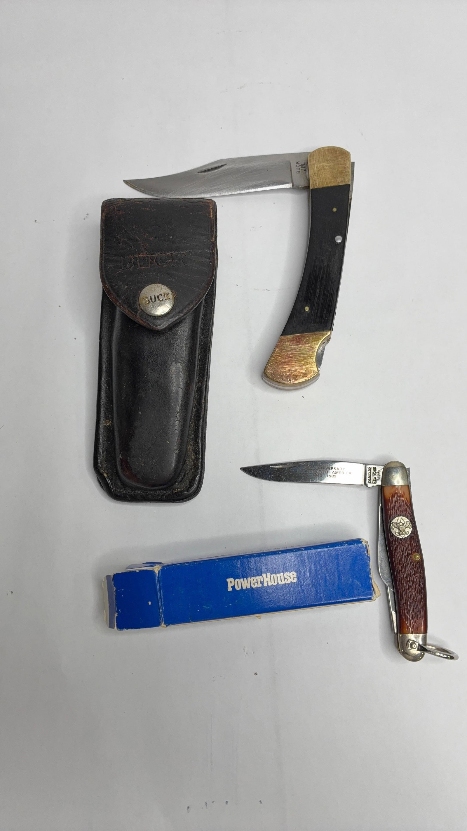Buck & Commemorative Boy Scout Knives: Buck 110 with leather pouch. Boy Scout 75th ann knife.