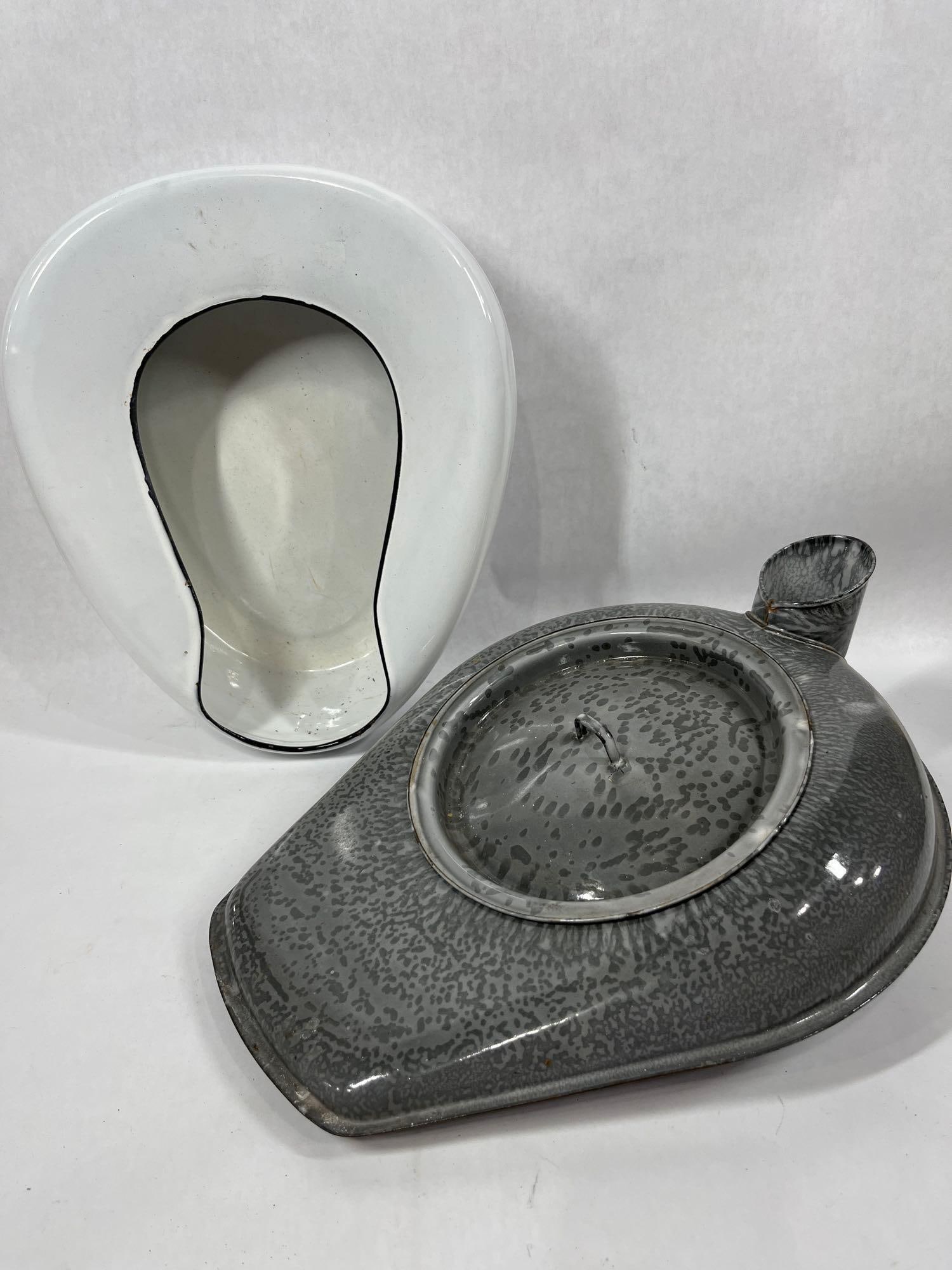 Lot of 2 Enamel Ware Bed Pans - White Porcelain and Gray Swirl w/ Lid: Great early condition