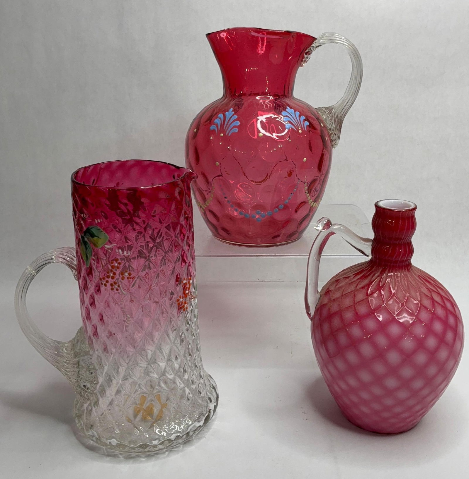L. G. Wright Hand Painted Cranberry Coin Dot Water Pitcher, 19th C. Hand Painted Decorated Pitcher (1 of 11)