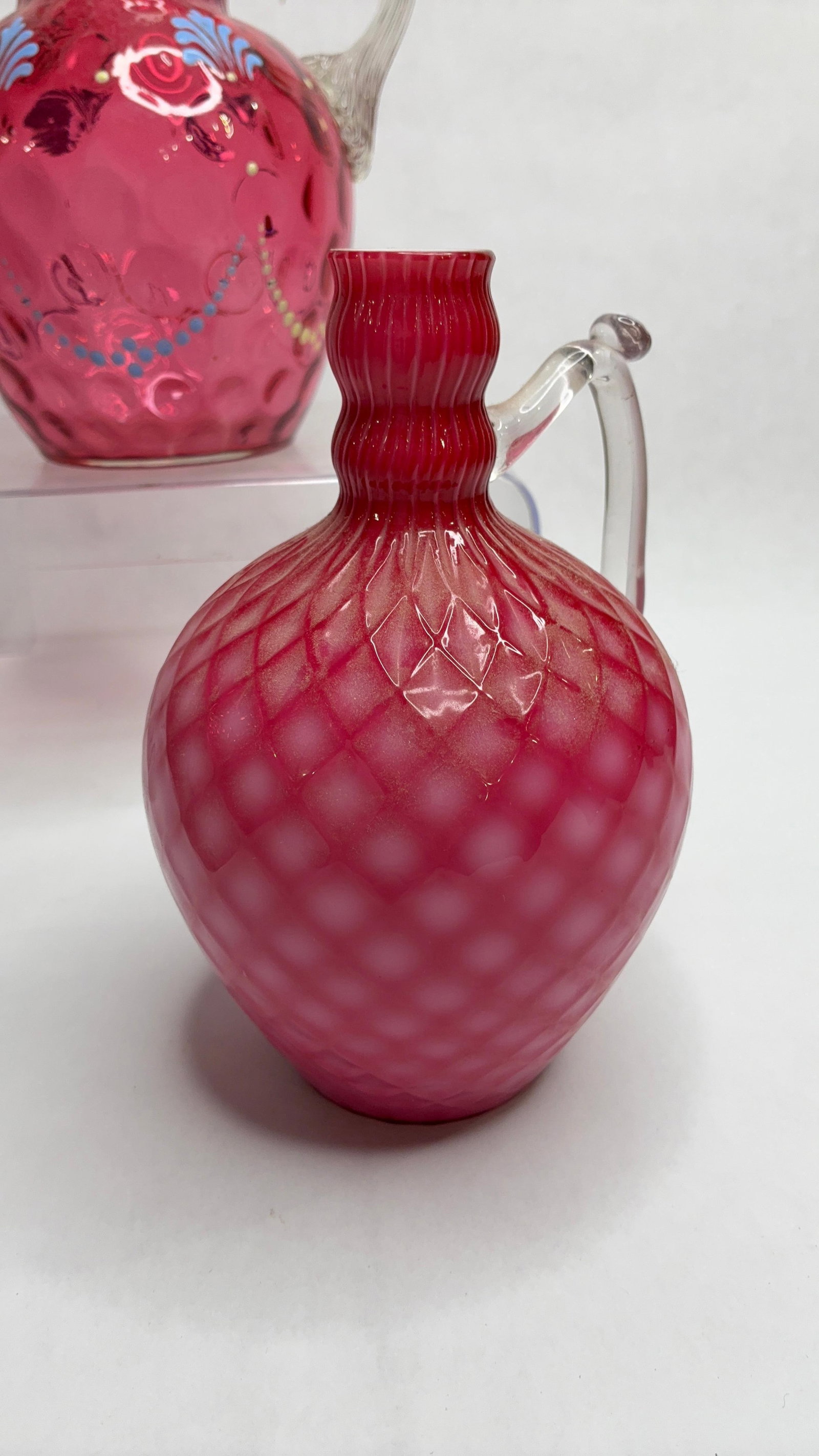 L. G. Wright Hand Painted Cranberry Coin Dot Water Pitcher, 19th C. Hand Painted Decorated Pitcher - 7