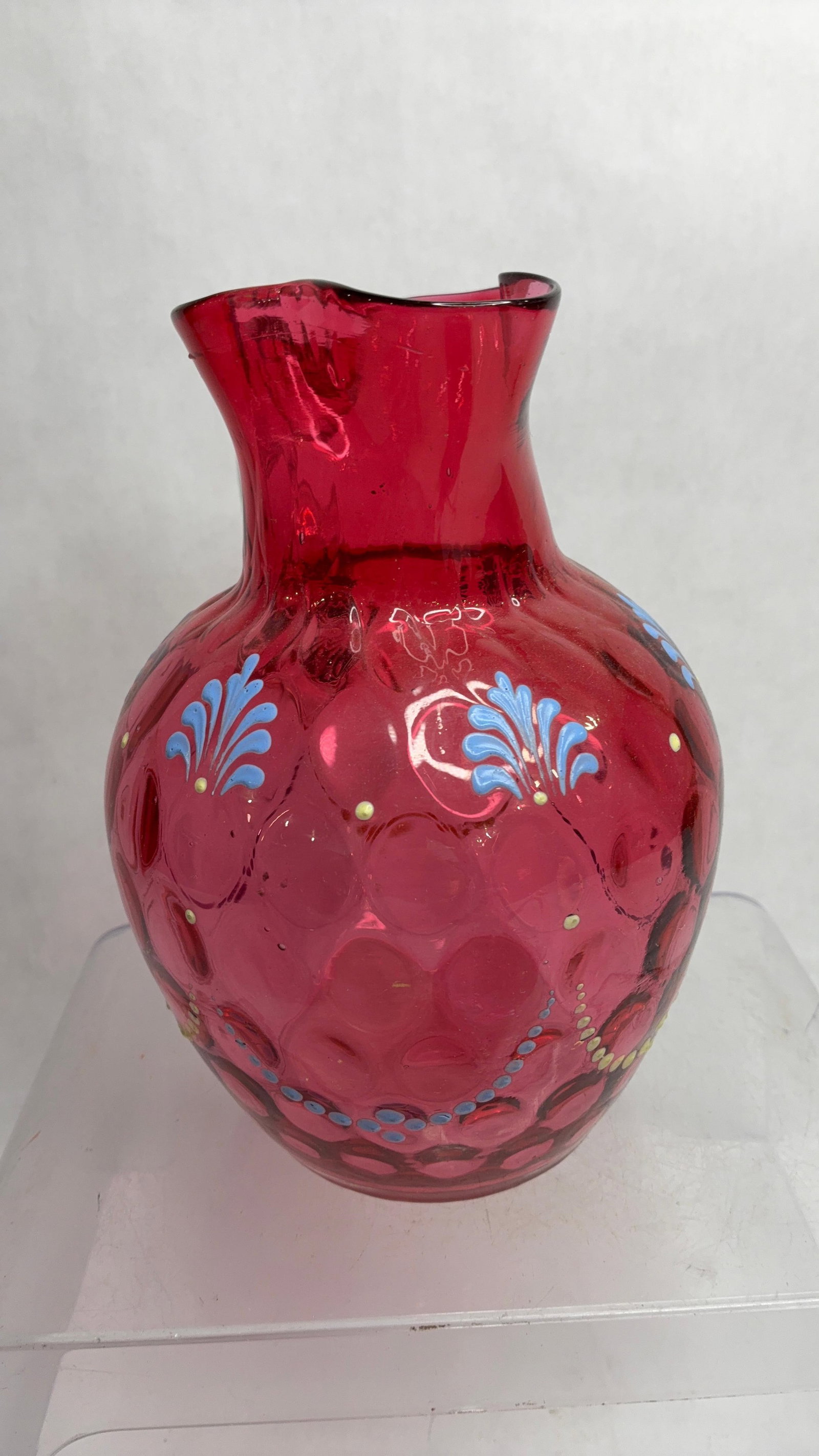 L. G. Wright Hand Painted Cranberry Coin Dot Water Pitcher, 19th C. Hand Painted Decorated Pitcher - 9