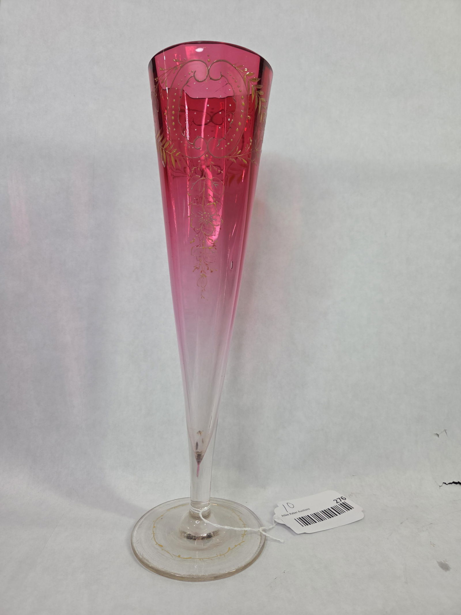 Bohemian Mosser Hand Painted Cranberry Art Glass Fluted Trumpet Vase: this wonderful bohemian hand painted vase shows only manufacturer flaws and no chips, crack or breaks with intricate hand painted work this amazing vase stands 12.75 in. H