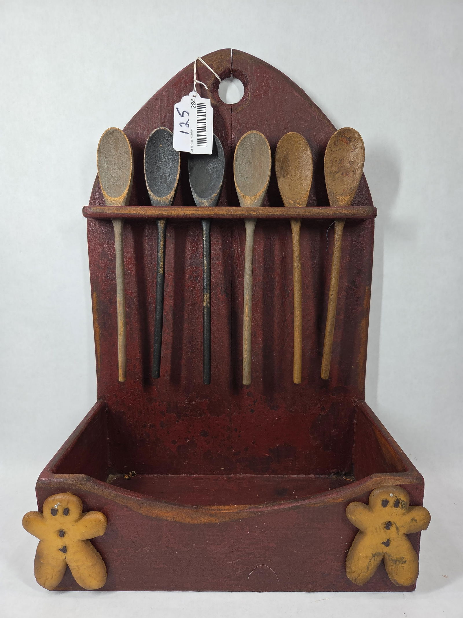 Primitive Red Painted Spoon Holder: A high back board with 6 spoon slots and a storage box. Great red paint. 14.5x22