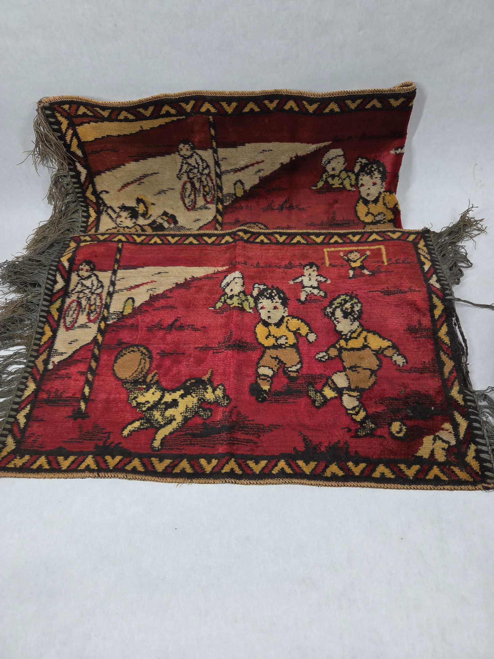 Great Early Hand Sewed Fringed Tapestry Children Playing Scene with Deep Red Pallet Lot of 2: This great early tapestry lot includes a smaller and a large with both being in great overall early condition?small 13 x 22larger 12.5 x 36