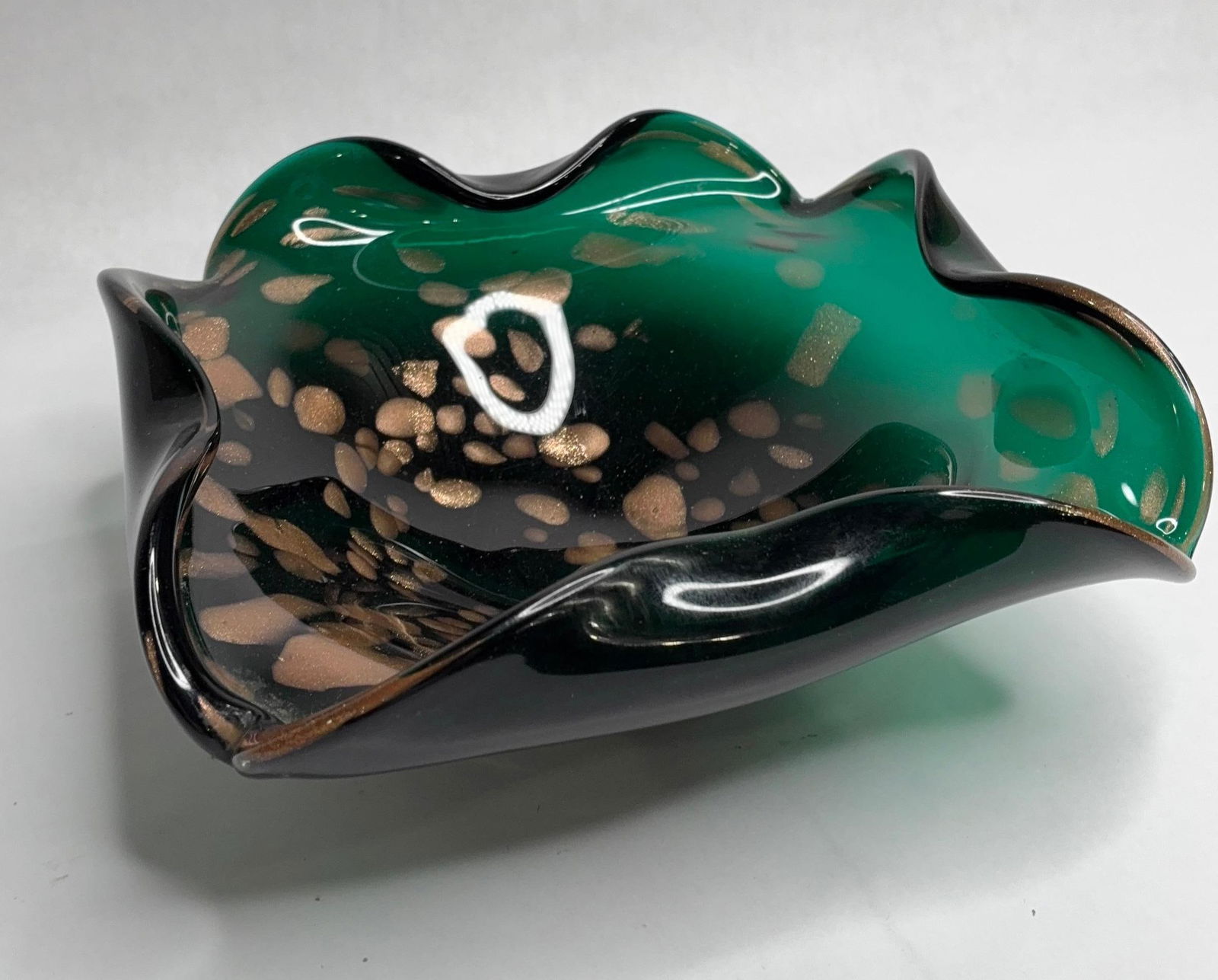 Murano Art Glass Teal & Gold Fleck Bowl: Very nice condition, no chips or cracks. 9.5x9.5