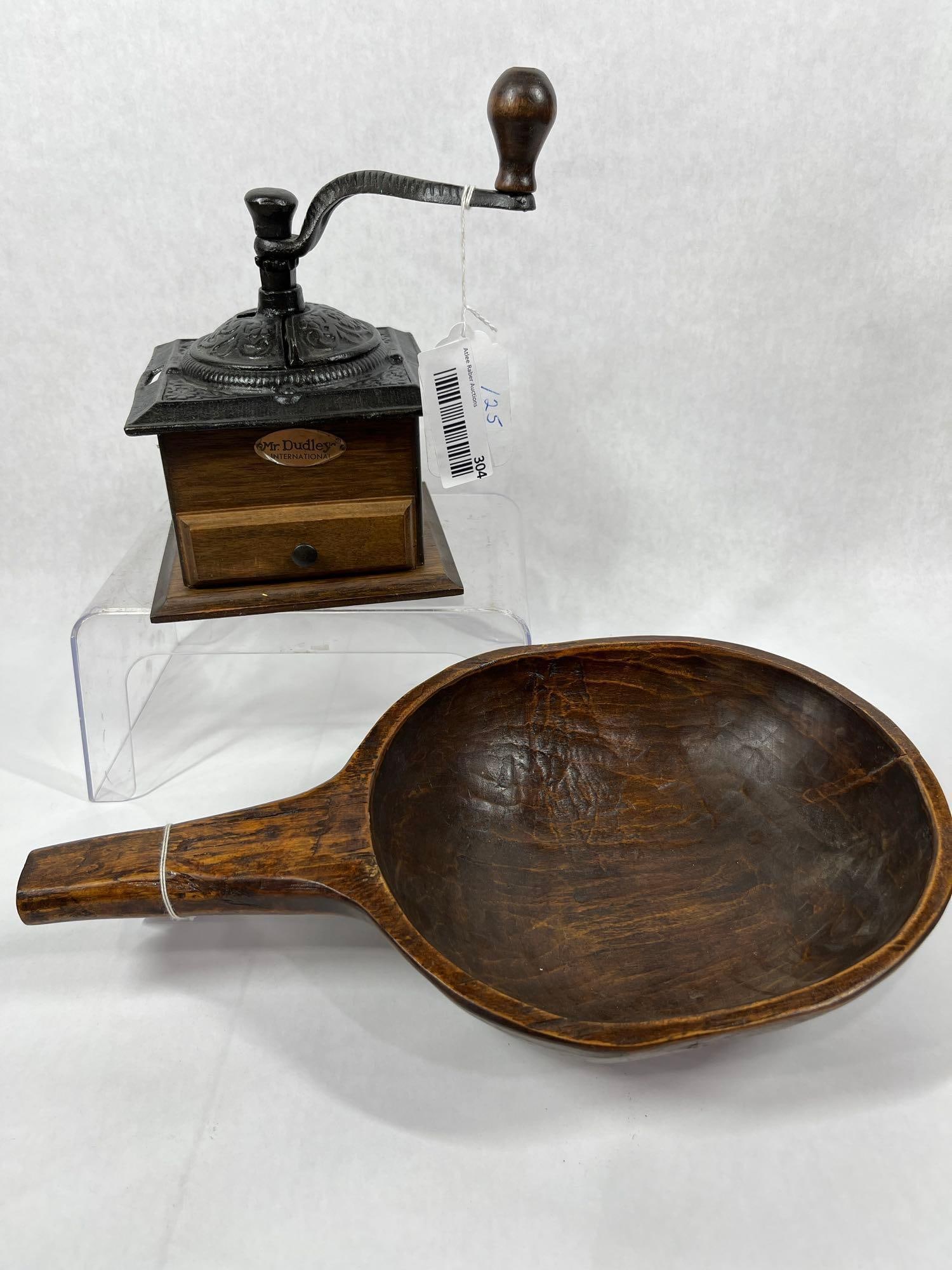 Mr. Dudley International Coffee Mill & Primitive Hand Carved Berry or Grain Scoop: Great antique grinder along with primitive scoop measuring 14.5 in. L