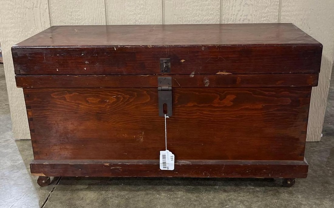 Dovetail Hinged Lid Wood Chest w/ Compated Trays to the Inside w/ Iron Handles on Casters (1 of 6)