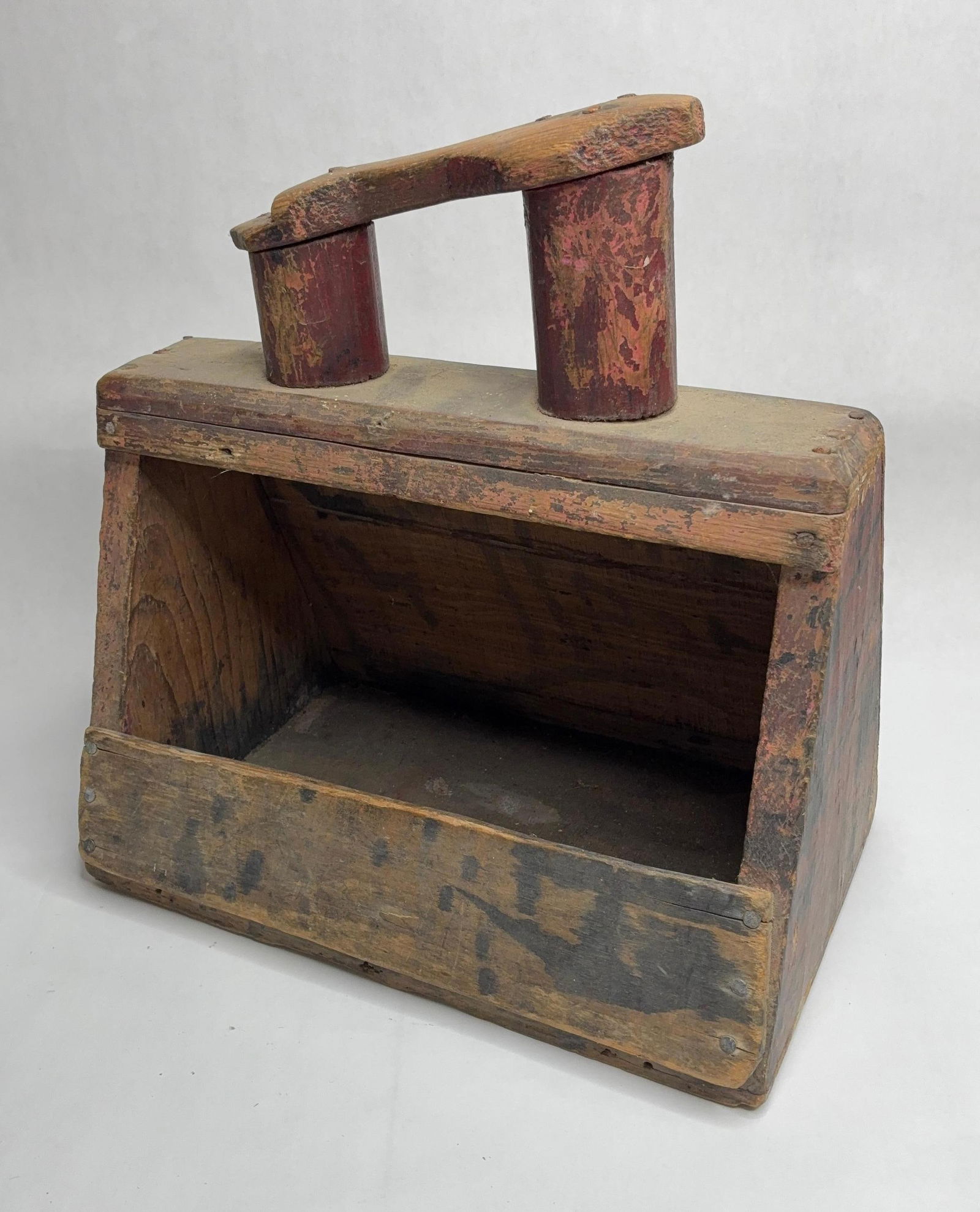Primitive Original Red Painted Cobbles Tool Caddy: Good condition showing nice character and triangular shape. 12x7x12