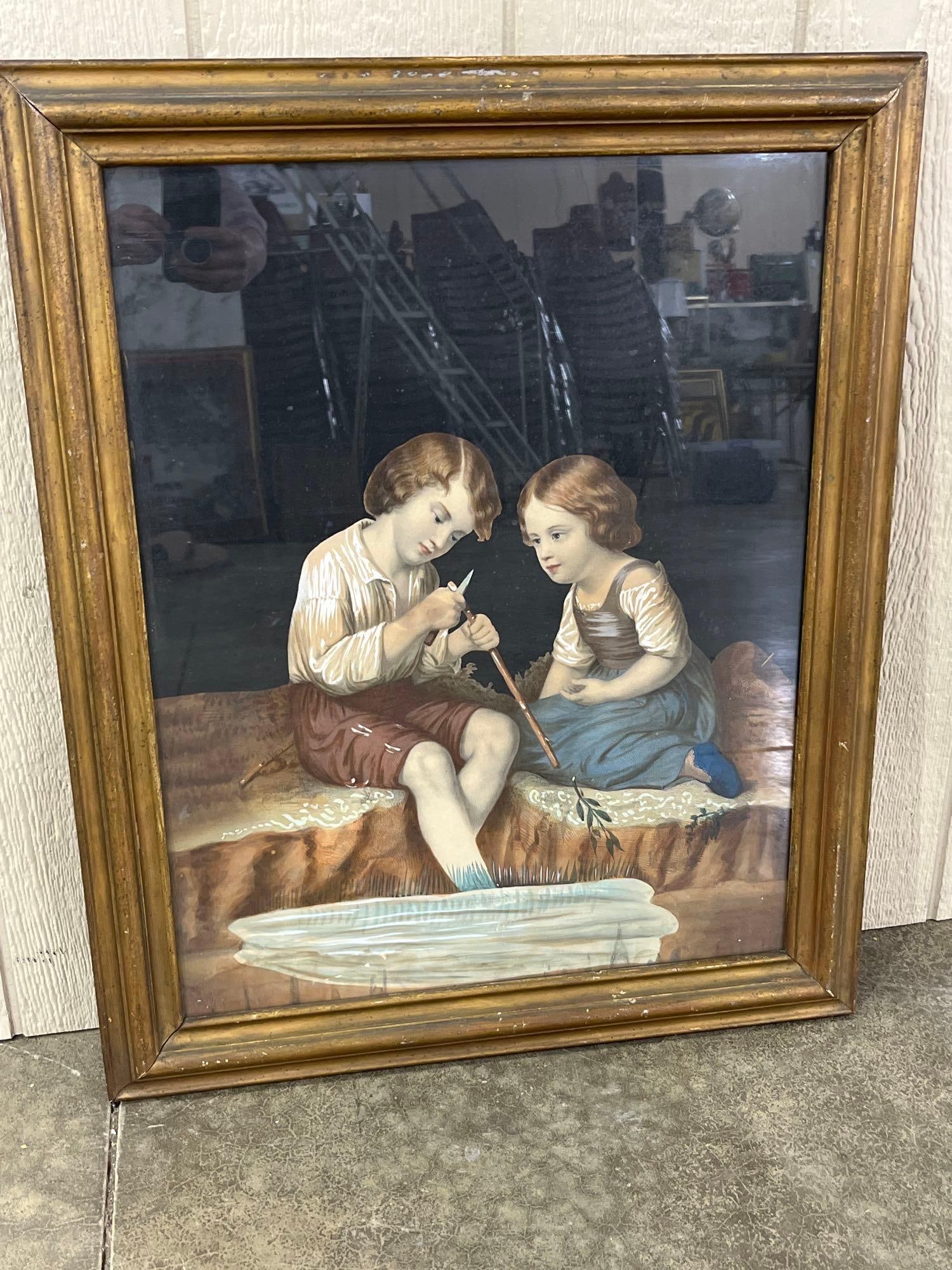 Framed Antique Hand Painted Poss. Reverse Painting of 2 Children (1 of 4)