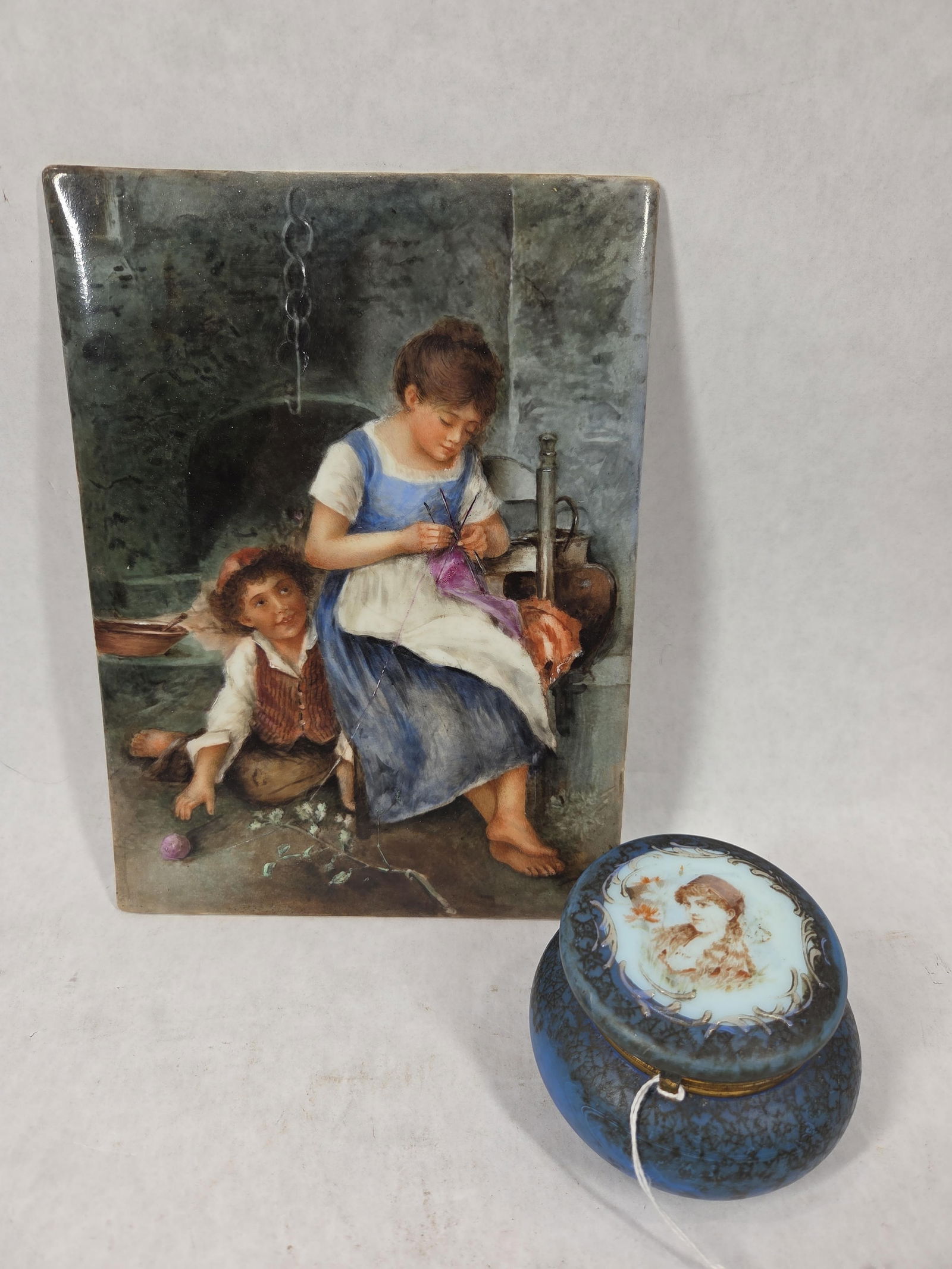 C. 1900 Wavecrest Nakara Opaline Dresser Box & T and V Porcelain Numbered Portrait Plaque: Great overall condition to each with both being harder to find pcs. porcelain plaque measures 7.25 x 9.75 and Dresser box being 4 in. D