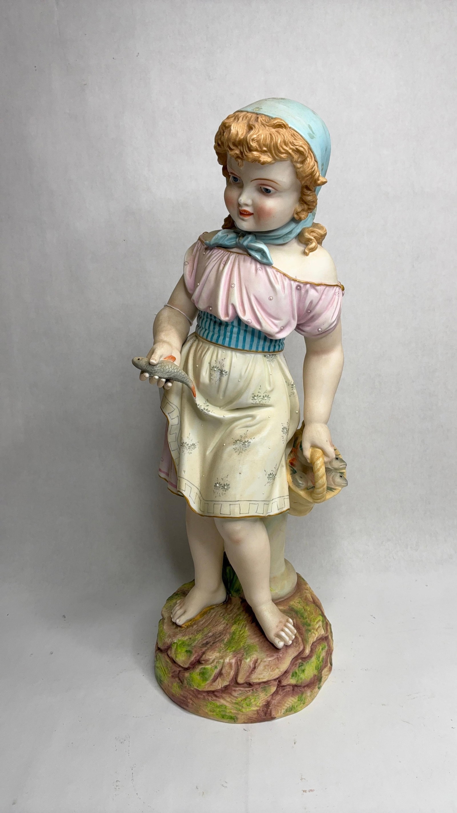 Antique Porcelain Bisque Hand Painted Gone Fishing Figural Statue Numbered (1 of 9)