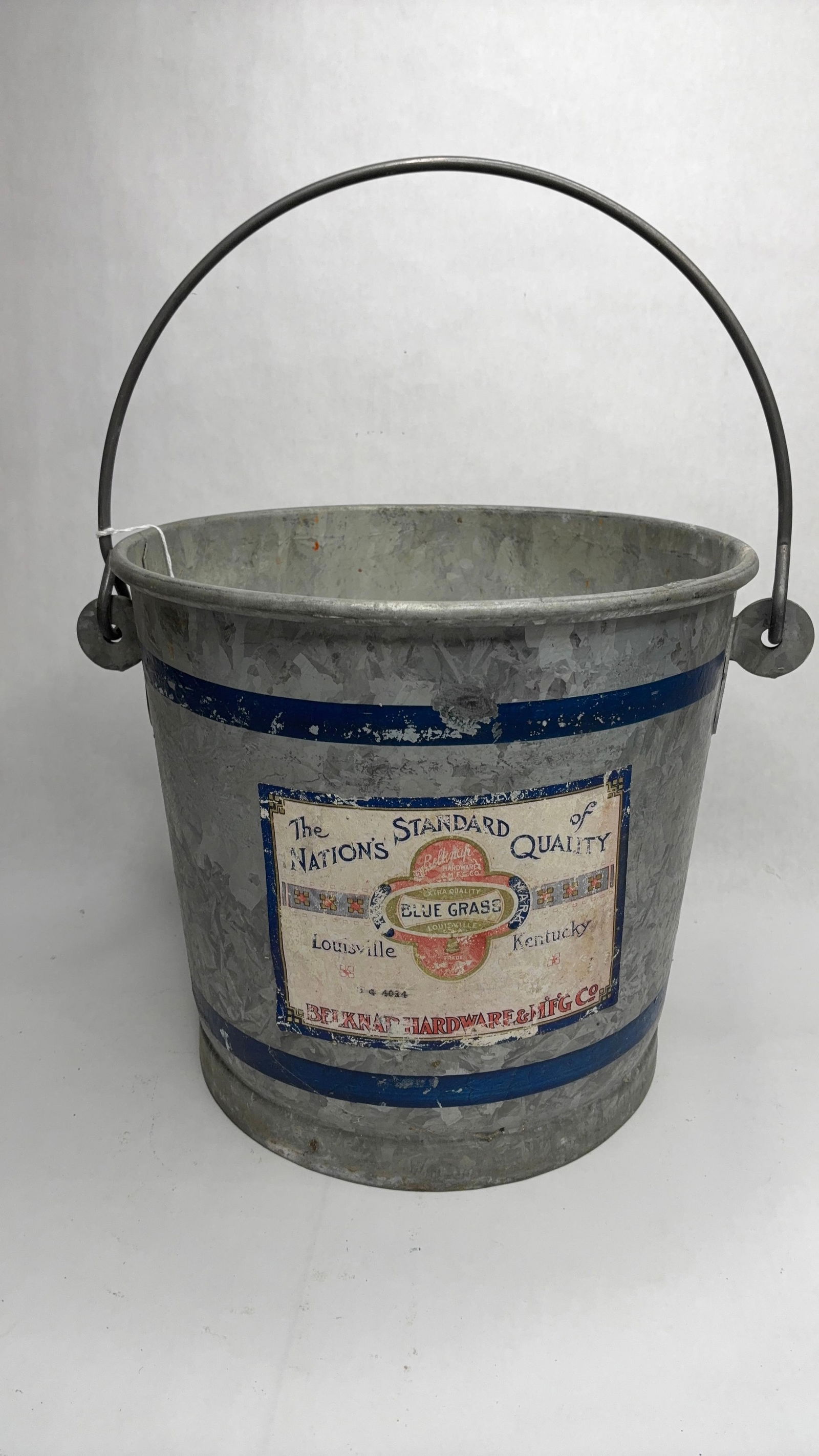 Belknap Hardware & Mfg. Co. Blue Grass Galvanized Pail w/ Handle: Great label and color showing and in good overall condition 12 in. diameter