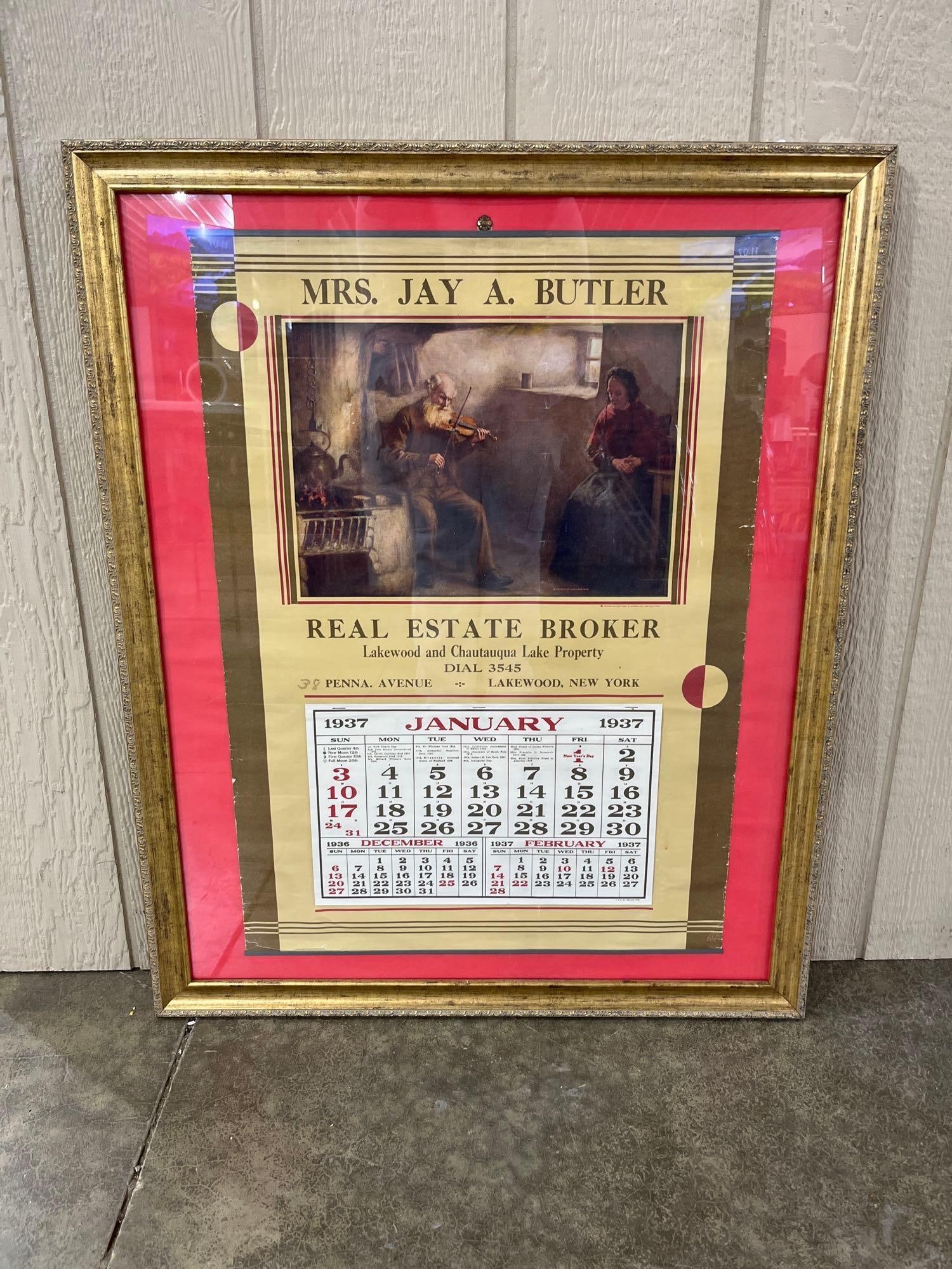 1937 Mrs. Jay A. Butler Real Estate Broker Framed Calendar: Great early framed calendar in good condition with frame measuring 27 x 33